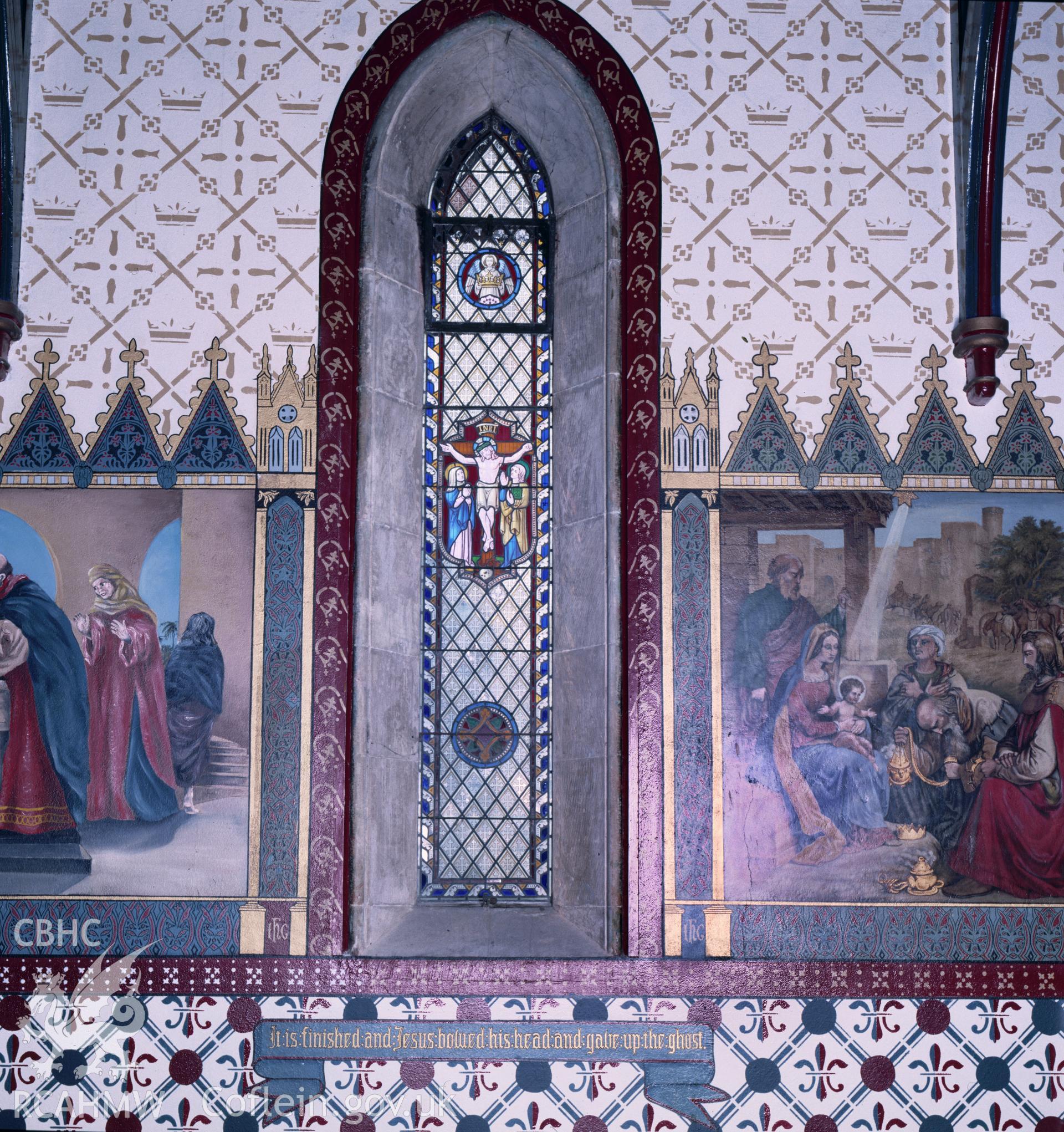 RCAHMW colour transparency showing stained glass at St John's Church, Penymynydd taken by A.J. Parkinson, 1987.