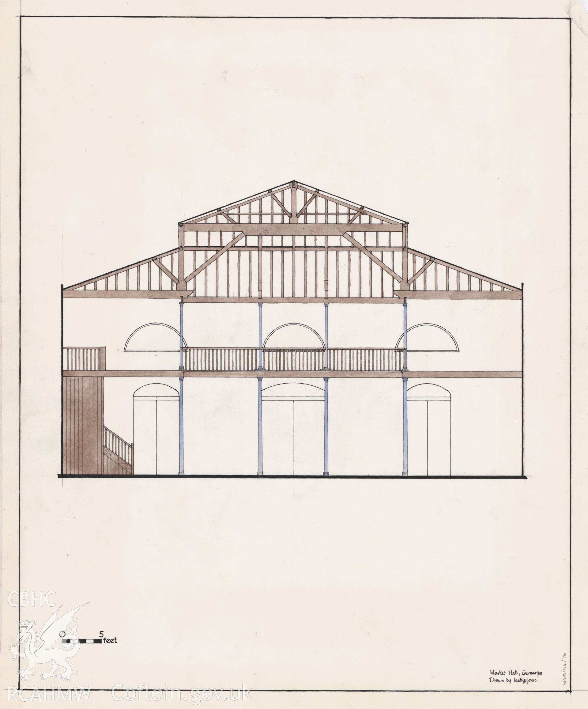 Measured drawing showing transverse section view of Market Hall, Caernarfon, produced by Ian Prys Jones, July 1968.