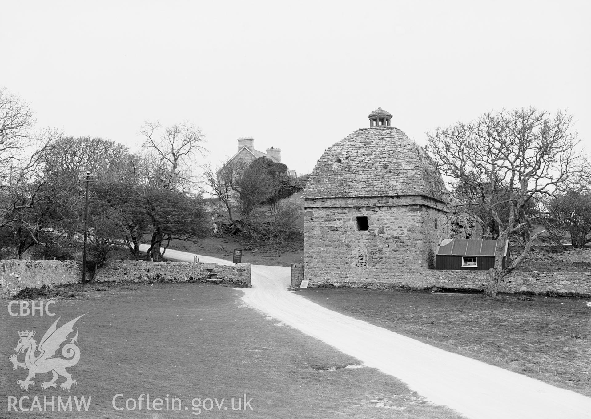 Black and white photo of Penmon Priory Dovecote taken by B. Clayton.