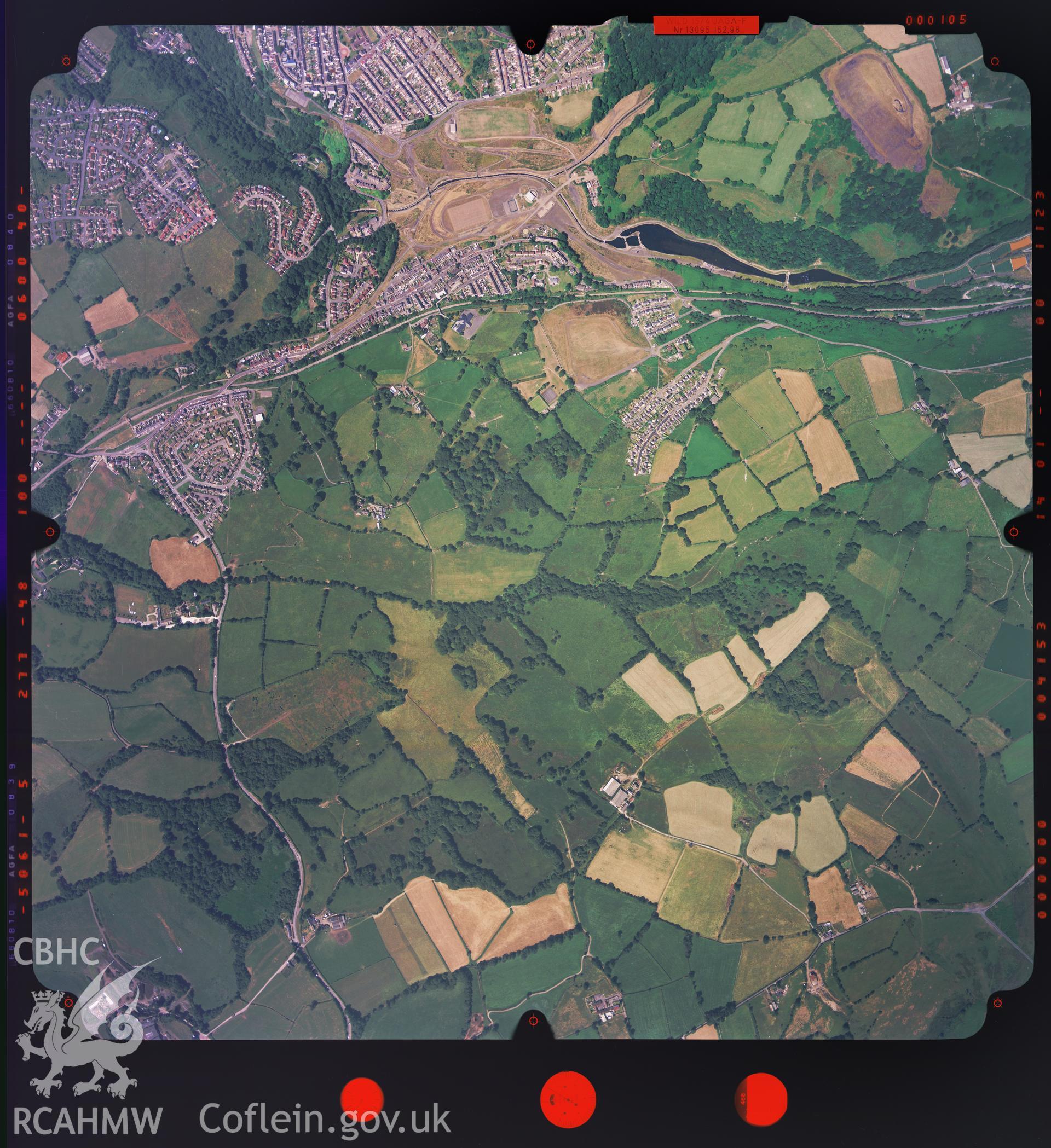 Digitized copy of a colour aerial photograph showing the area around Gelligaer Common, taken by Ordnance Survey, 2003.