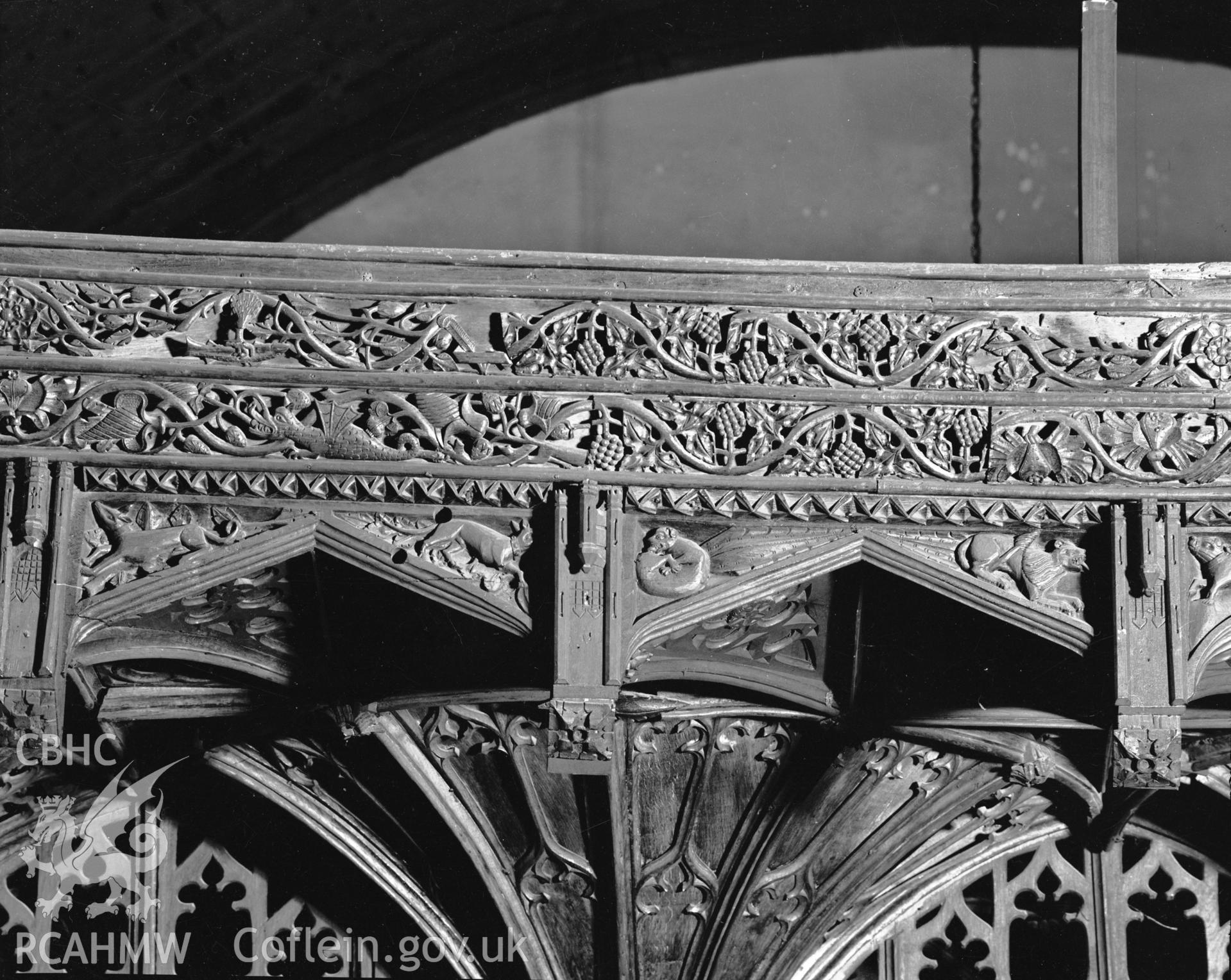 Interior view of St Marys Church Conwy showing screen detail, taken in 10.09.1951.