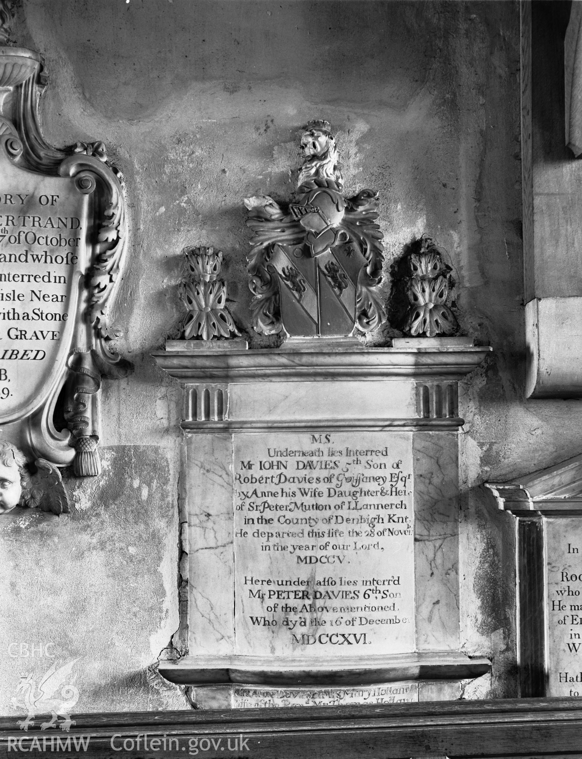 Interior view showing memorial to John Davies