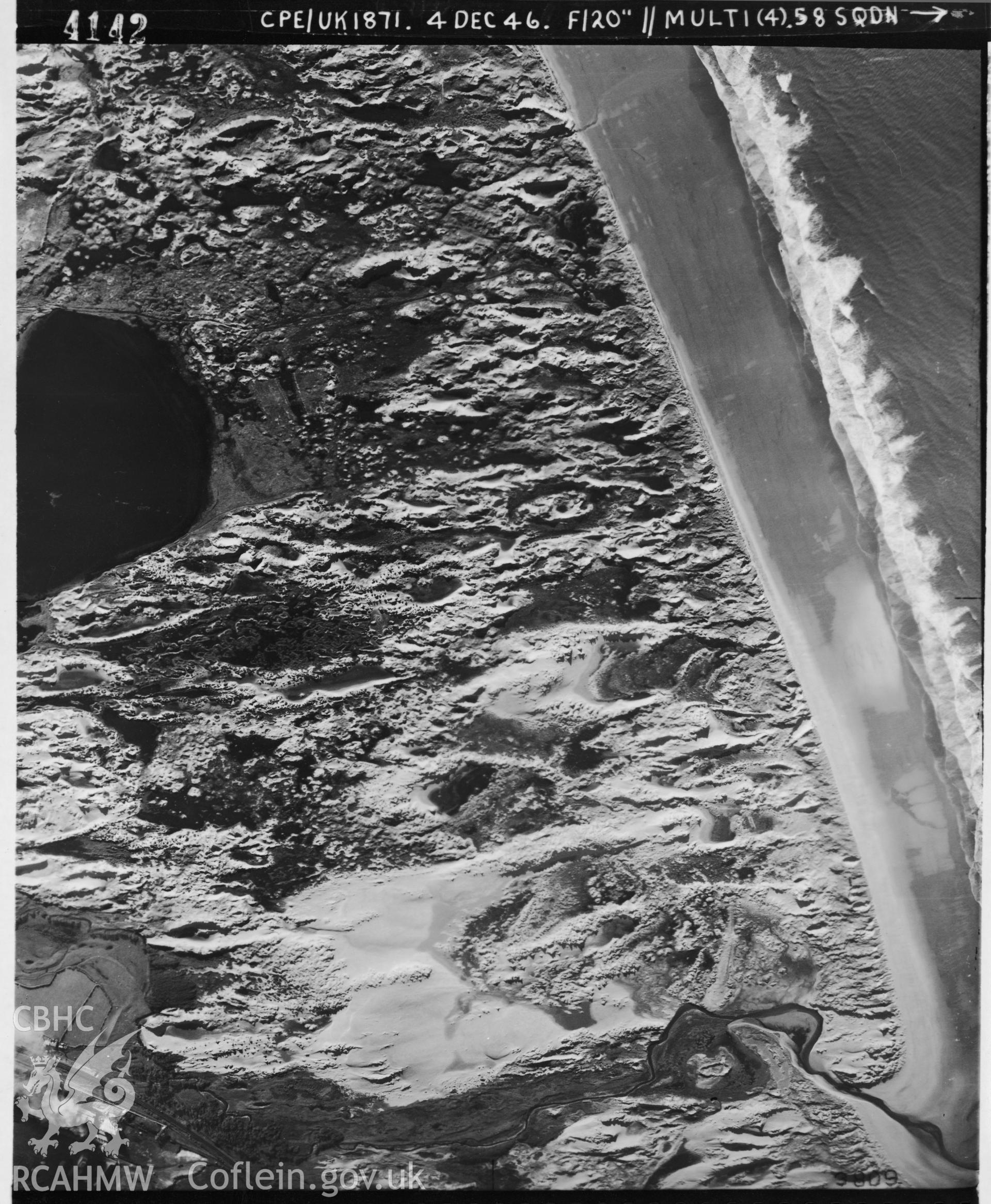Black and white vertical aerial photograph taken by the RAF on 04/12/1946 centred on SS79608268 at a scale of 1:10000. The photograph includes part of Cynffig community in Bridgend.