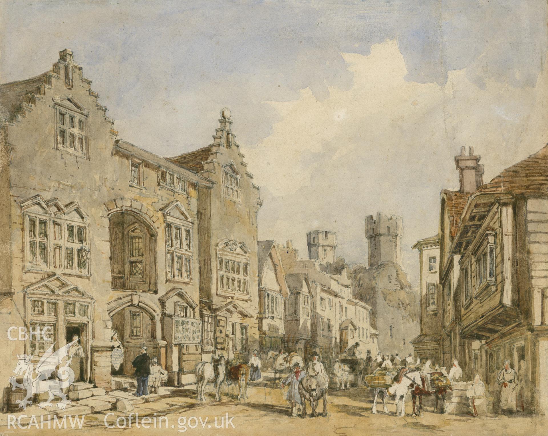 Digital copy of a watercolour showing the now demolished Plas Mawr, Palace Street, Caernarfon, anon c.1830.