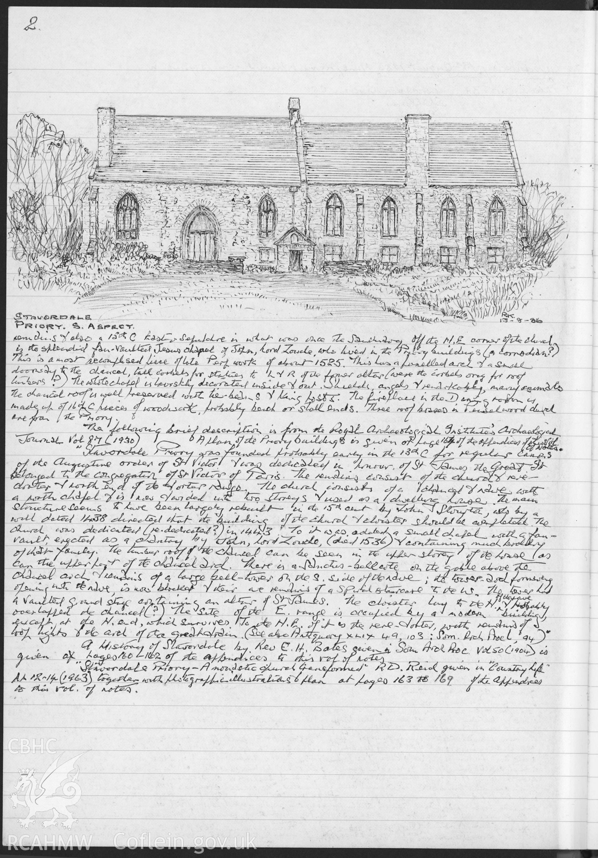 Page from a notebook featuring an illustration by R.E. Kay showing the south aspect of Stavordale Priory. As featured on p2 of R.E. Kay Notebook Series IV, Vol VIII.