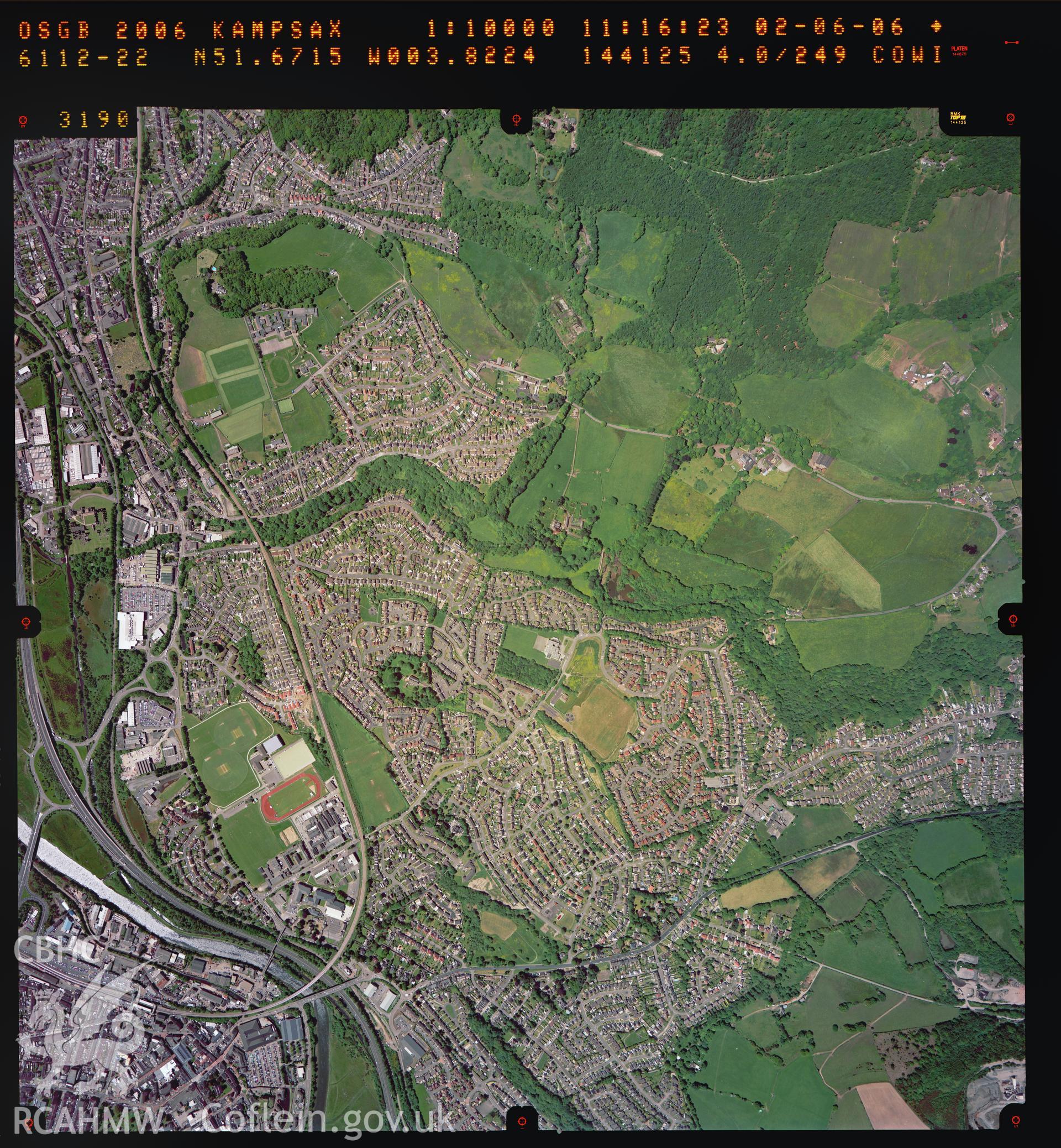 Digitized copy of a colour aerial photograph showing the Neath area, taken by Ordnance Survey, 2006.