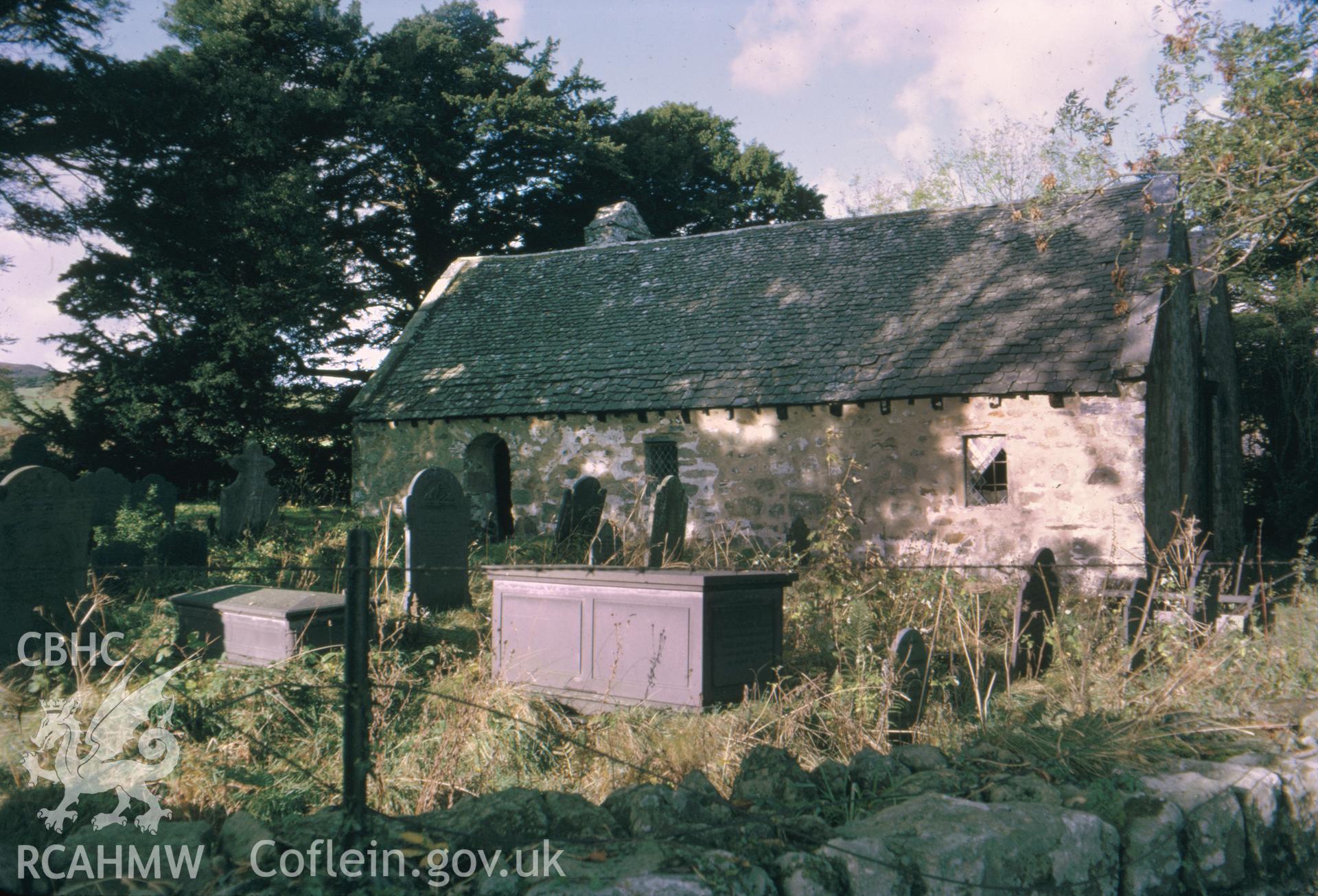 Colour slide showing the south side of Llanrhychwyn Church.
