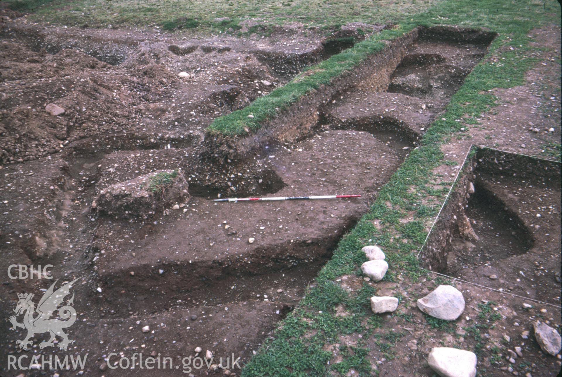 Colour slide showing excavation of a wooden church at Llandygai.
