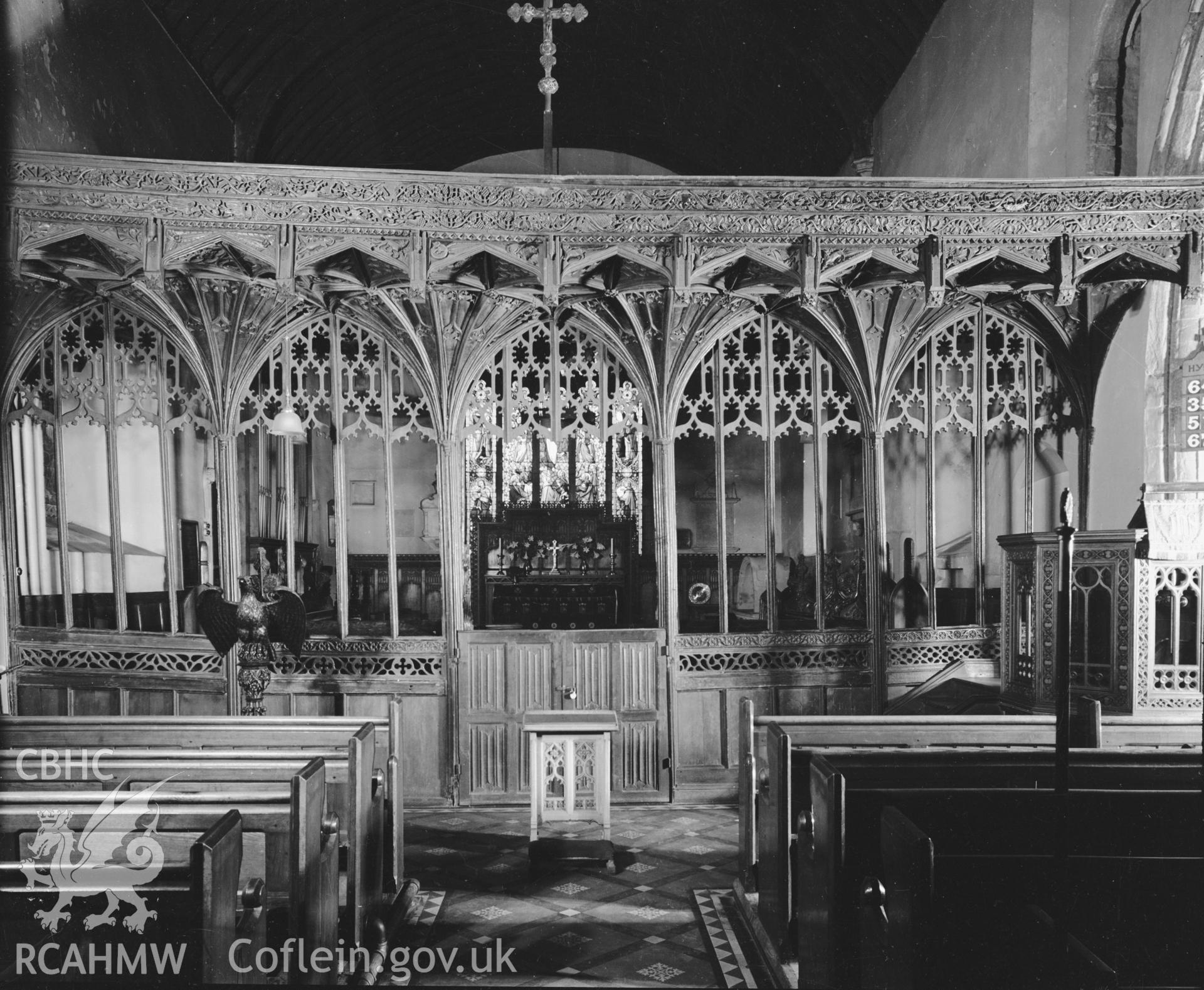 Interior view of St Marys Church Conwy showing screen, taken in 10.09.1951.