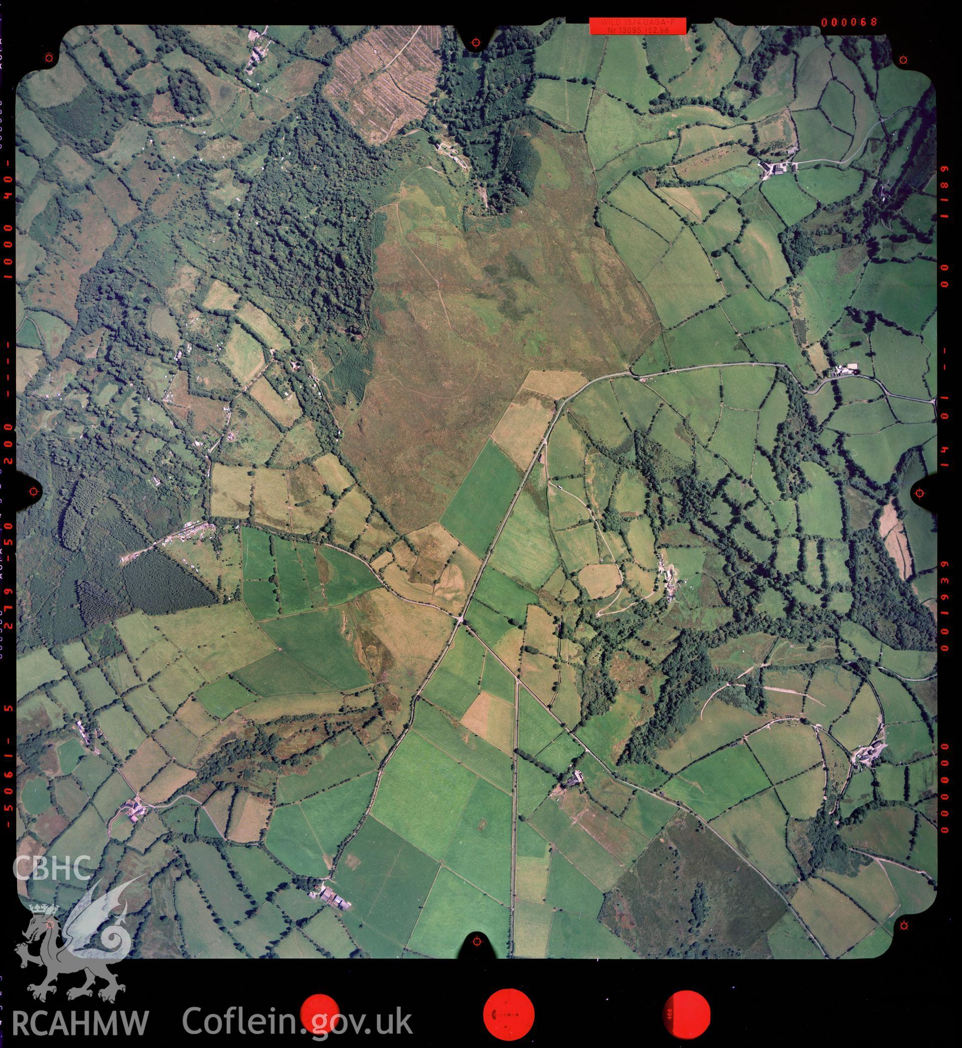 Digitized copy of a colour aerial photograph showing the area to the west of Talley, taken by Ordnance Survey, 2003.