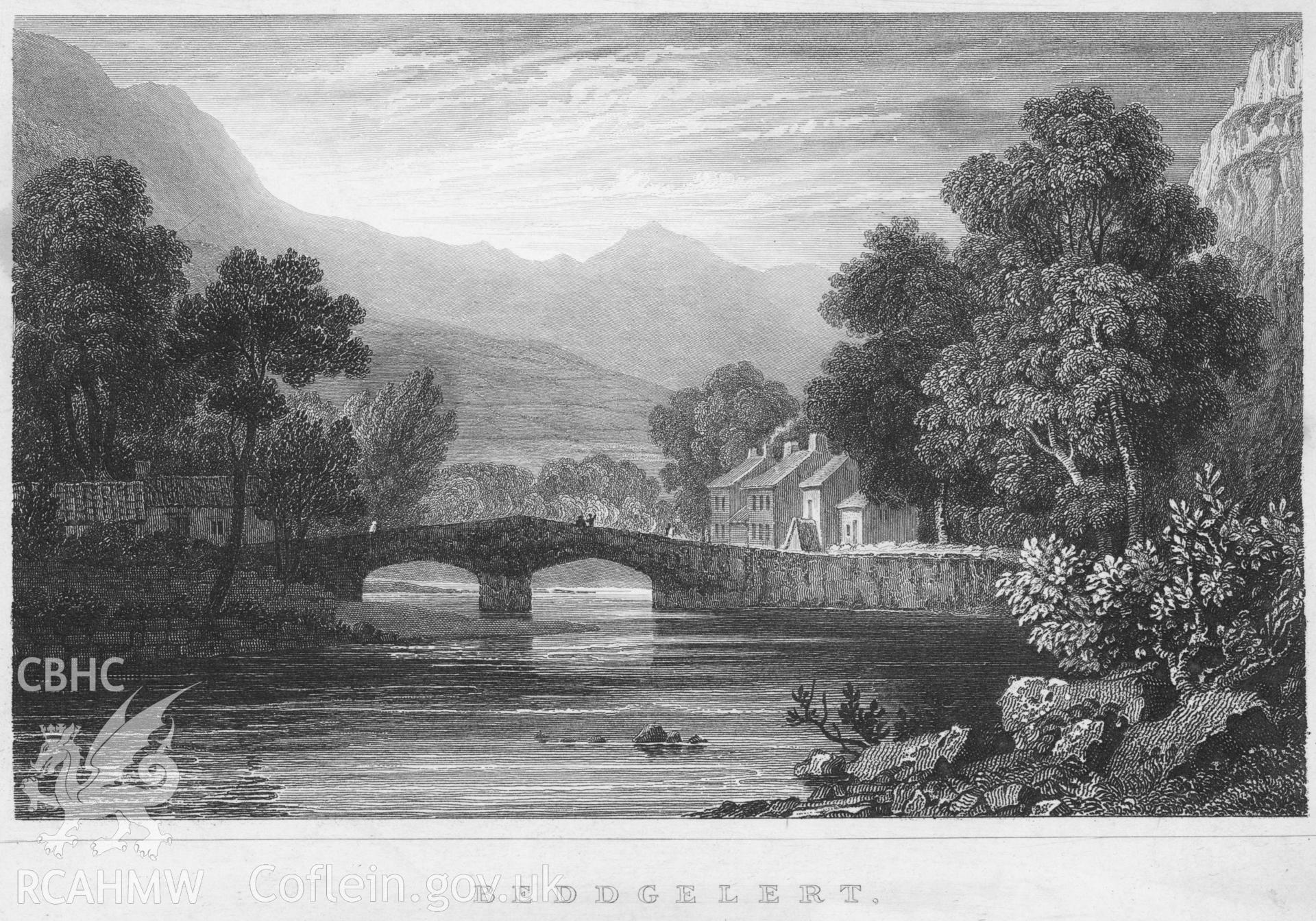 Engraving of unknown date and origin showing Pont Beddgelert.