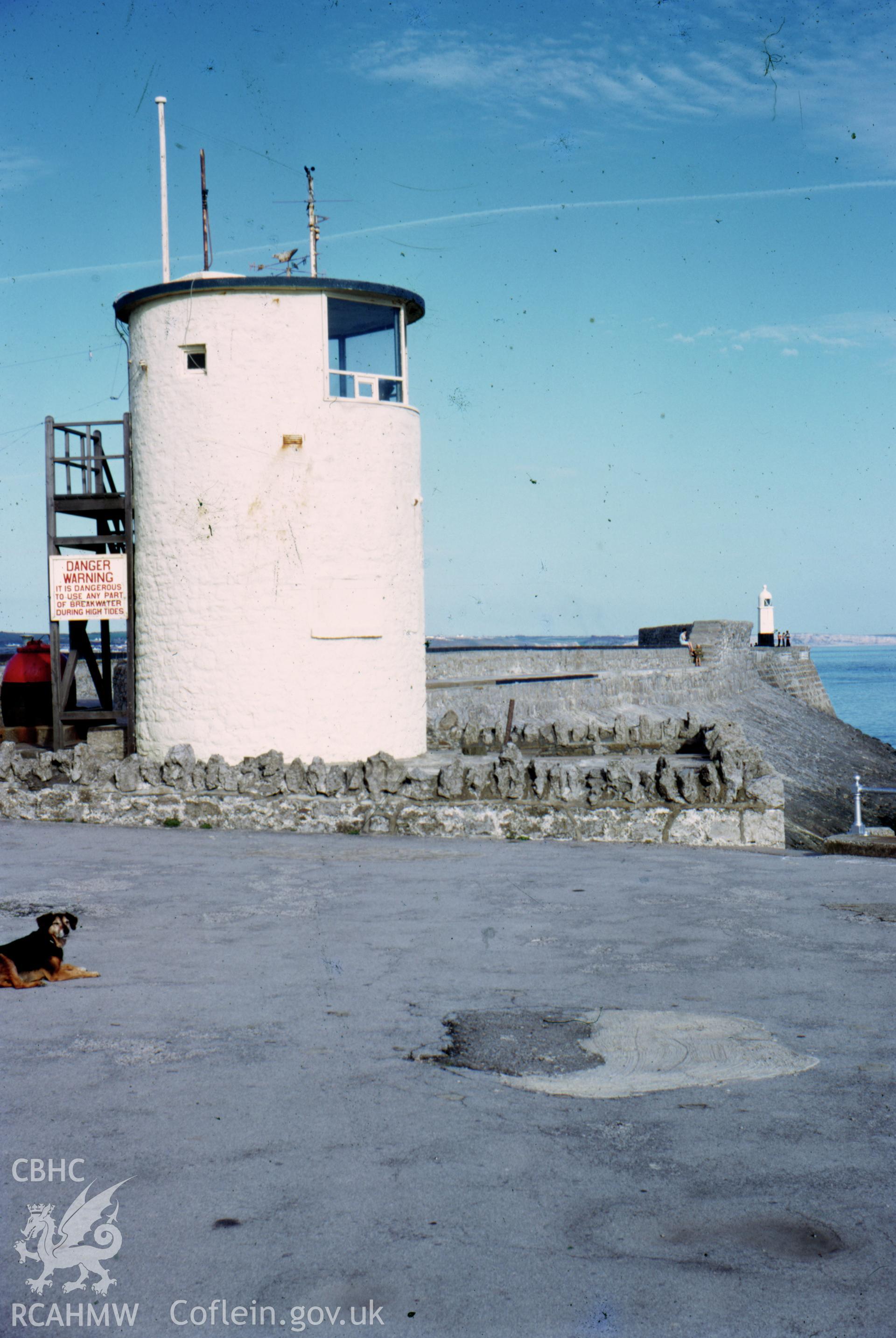 Colour slide showing lookout tower at Porthcawl Harbour.