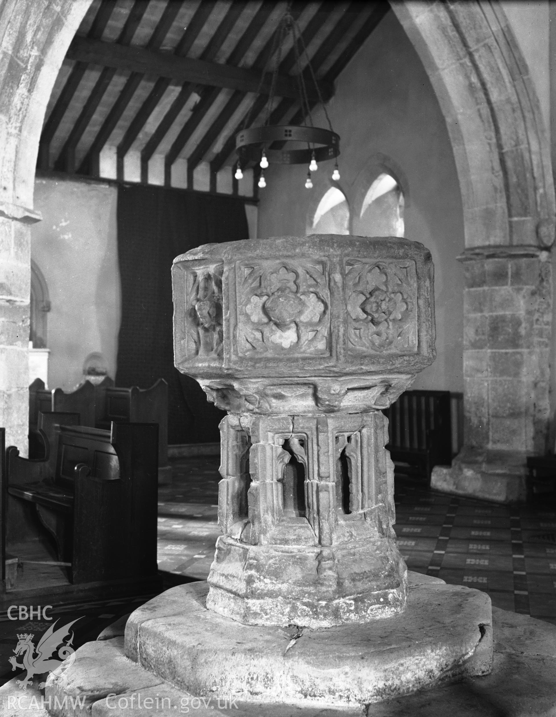 Interior view of St Marys Church Conwy showing font, taken in 10.09.1951.