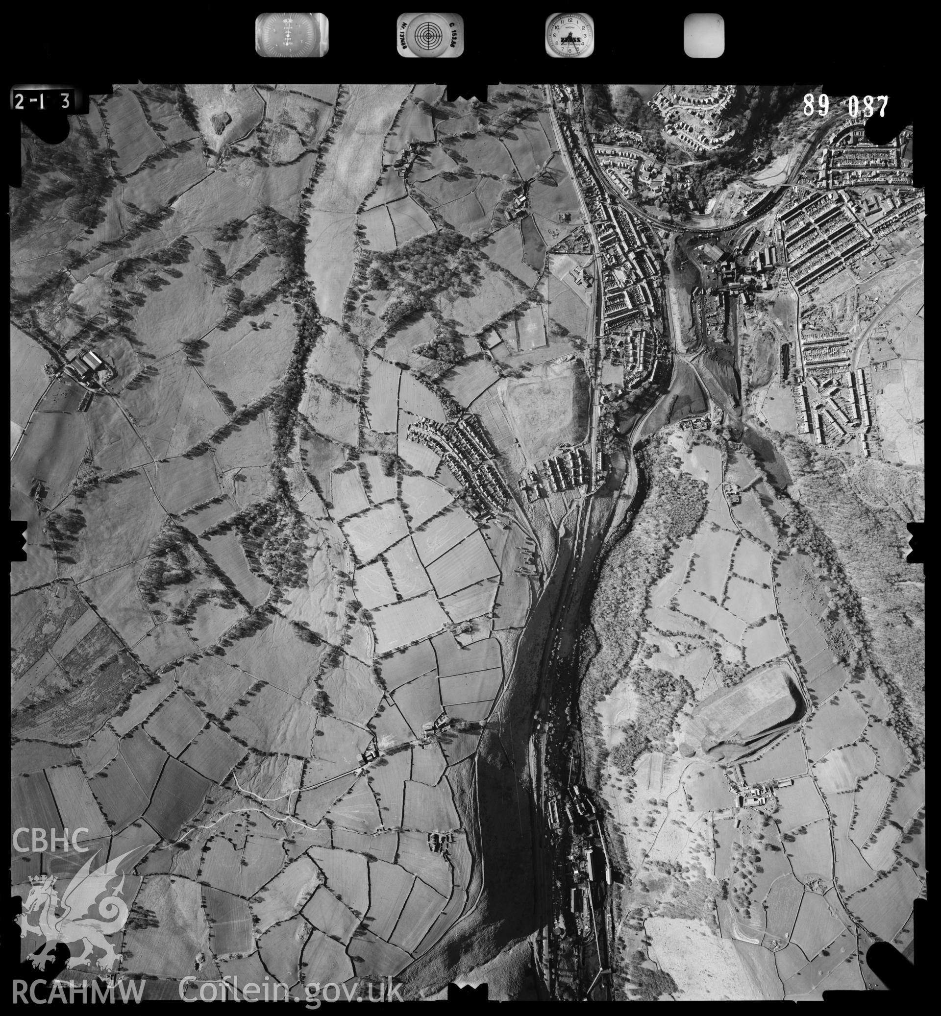 Digitized copy of an aerial photograph showing the area around Gelligaer Common taken by Ordnance Survey, 1989.