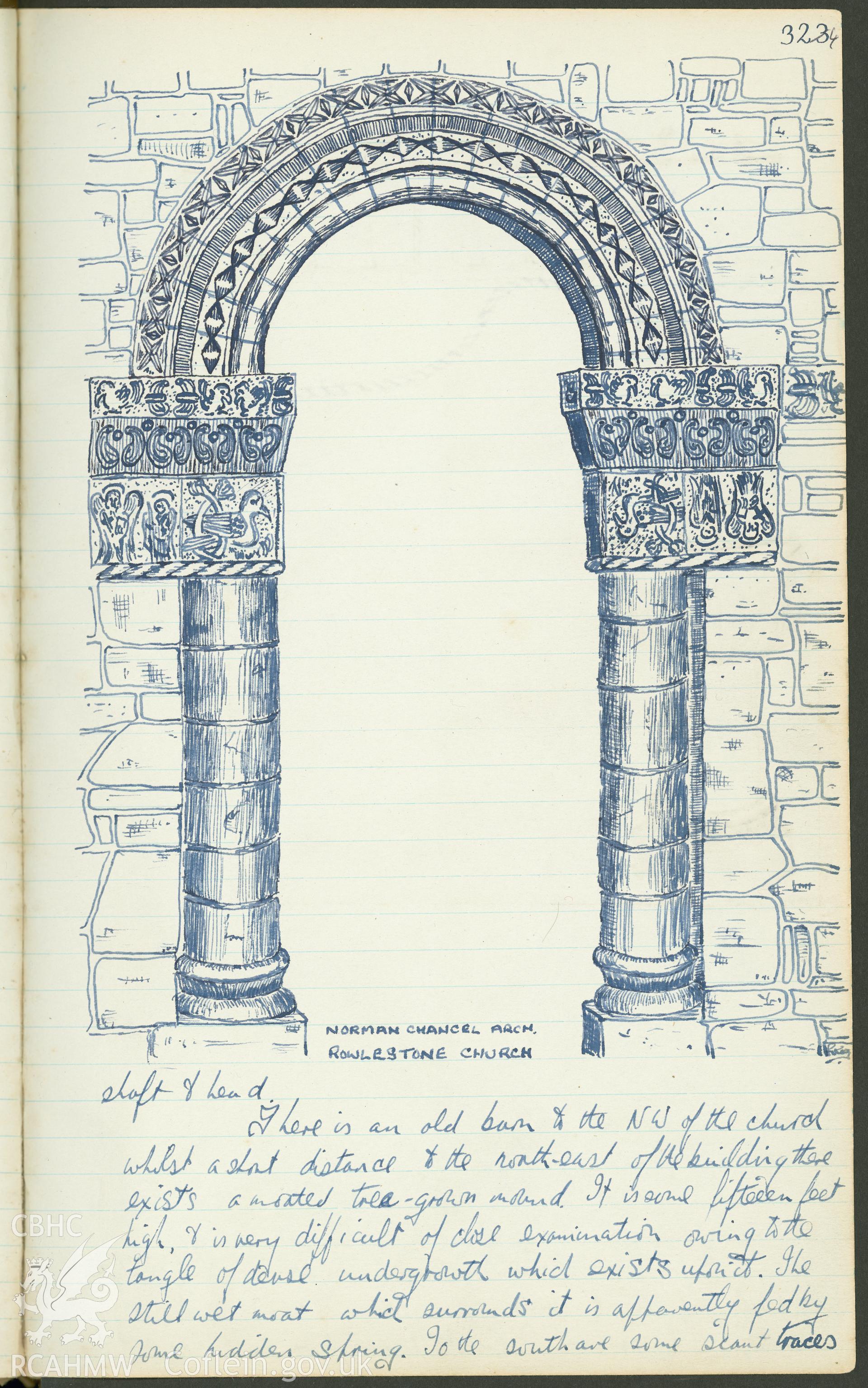 Page from a notebook featuring an illustration by R.E. Kay showing Norman chancel arch in Rowlestone Church, Herefordshire. As featured on p324 of R.E. Kay Notebook Series I, Vol III.
