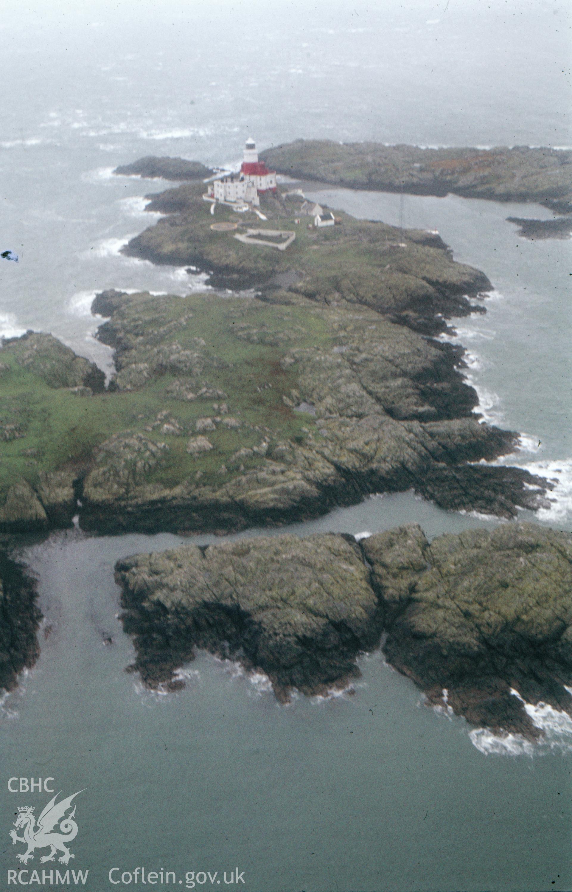 Colour slide showing view of Skerries Lighthouse from helicopter.