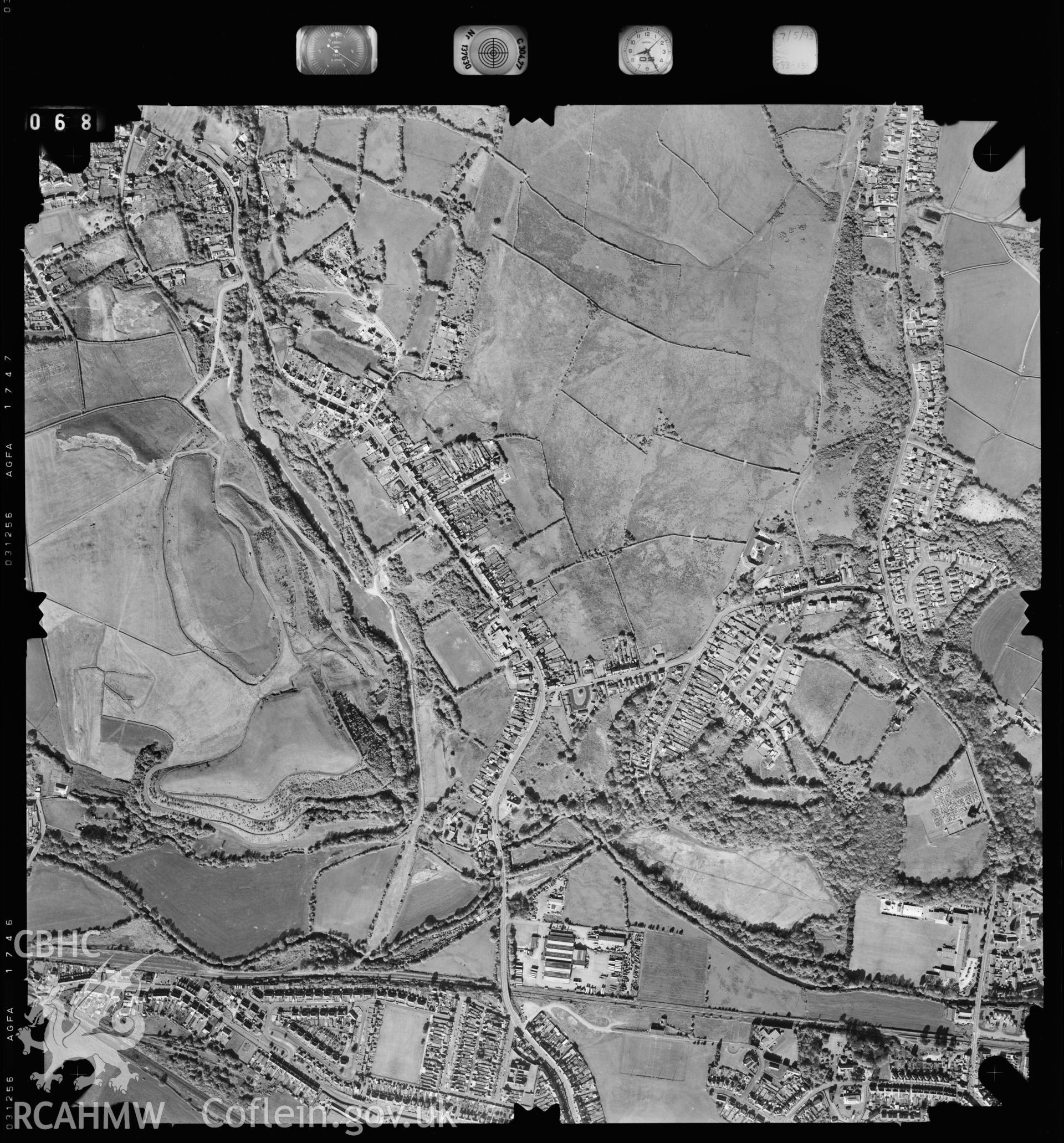 Digitized copy of an aerial photograph showing the Ammanford area, taken by Ordnance Survey, 1993.