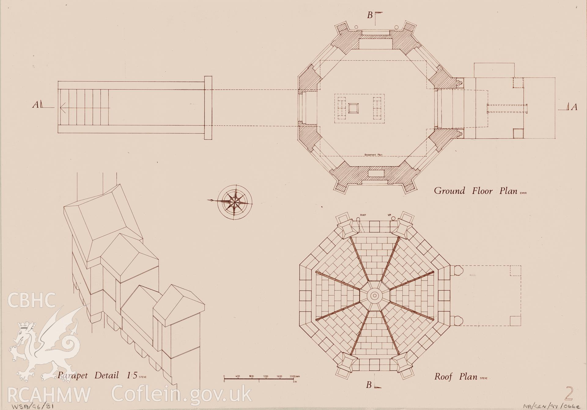 Measured drawing showing ground floor and roof plan, and parapet detail at the summerhouse in the grounds of Rookwood Hospital, Llandaff, produced by N.G. Fraser-Pearson and A.J. Wells, 1976.