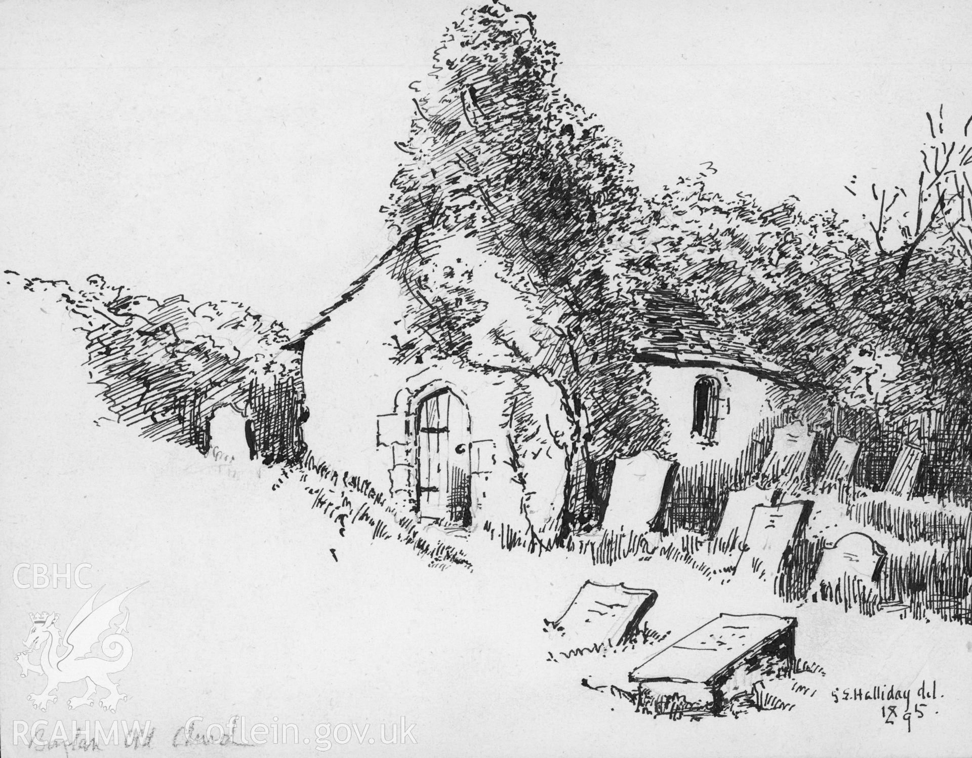 Digital copy of an ink drawing of Baglan Old Church produced by G.E. Halliday, 1895.