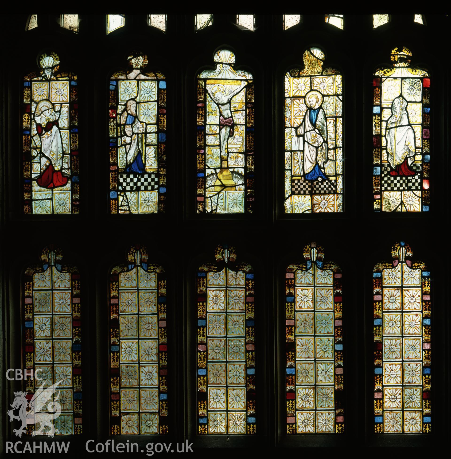 RCAHMW colour transparency of a stained glass window in Llanwrin Church.