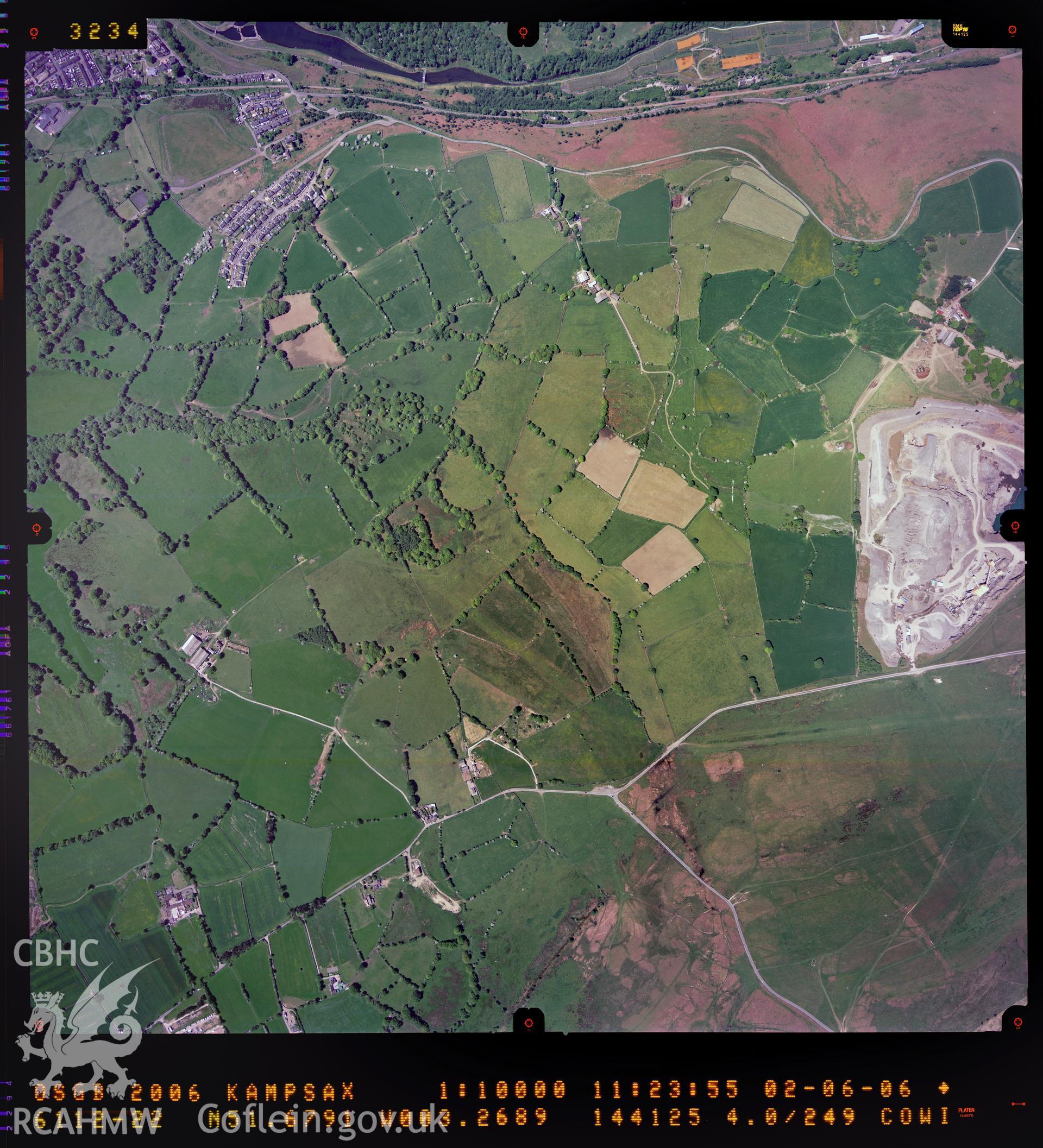 Digitized copy of a colour aerial photograph showing the area around Gelligaer Common, taken by Ordnance Survey, 2006.