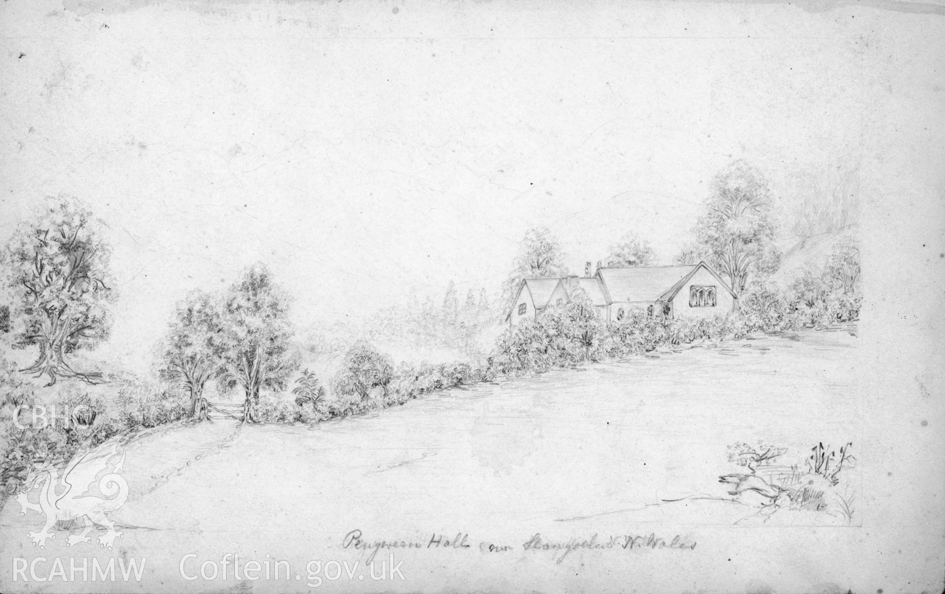 Digital copy of a pencil sketch showing Pengwern Hall, near Llangollen, anon. c1840.