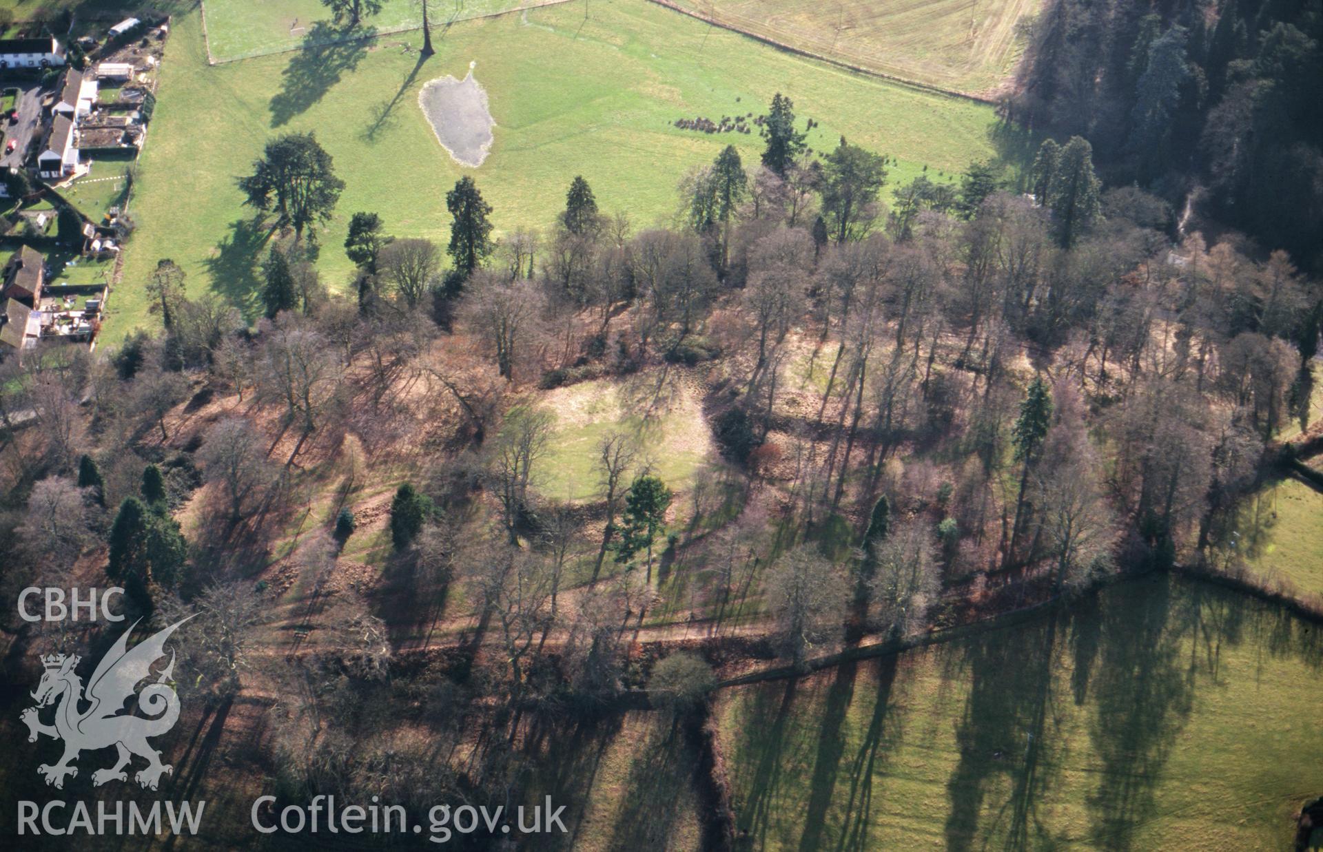 Slide of RCAHMW colour oblique aerial photograph of Presteigne Castle, taken by T.G. Driver, 13/2/2001.