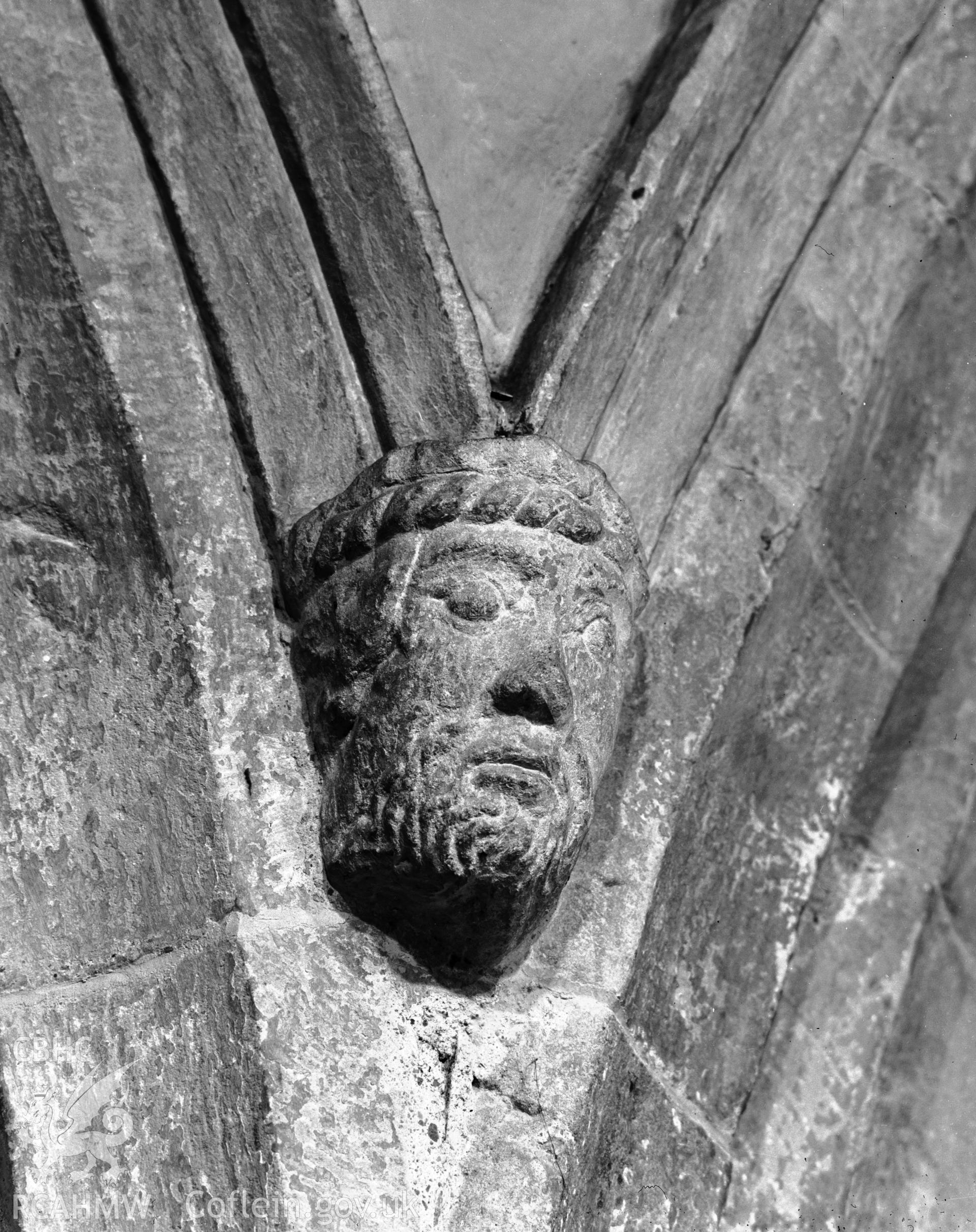 Detail of stone face on arch column at St Marys Church Conwy, taken in 10.09.1951.