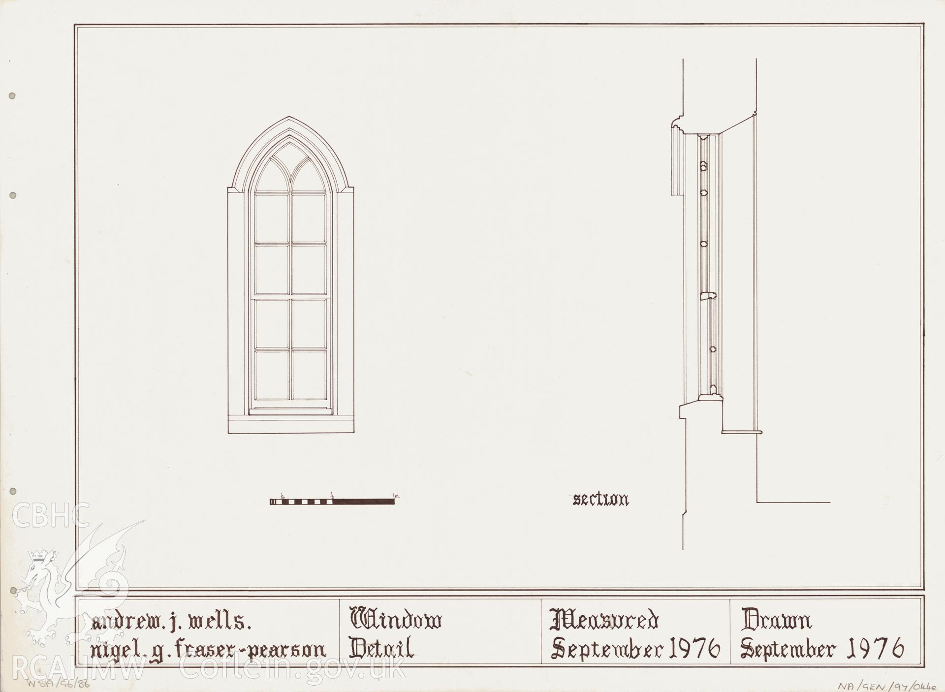 Measured drawing showing window detail at the summerhouse in the grounds of Rookwood Hospital, Llandaff, produced by Nigel G. Fraser-Pearson and Andrew J. Wells, September 1976.
