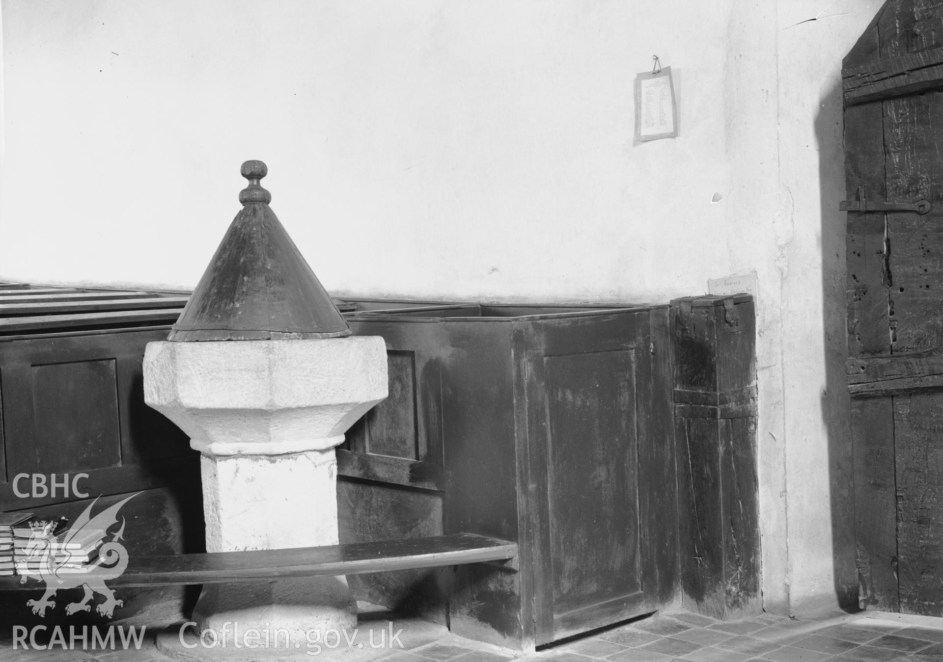 Interior view showing carved desk at St Brothen's Church, Llanfrothen taken 07.06.1941.