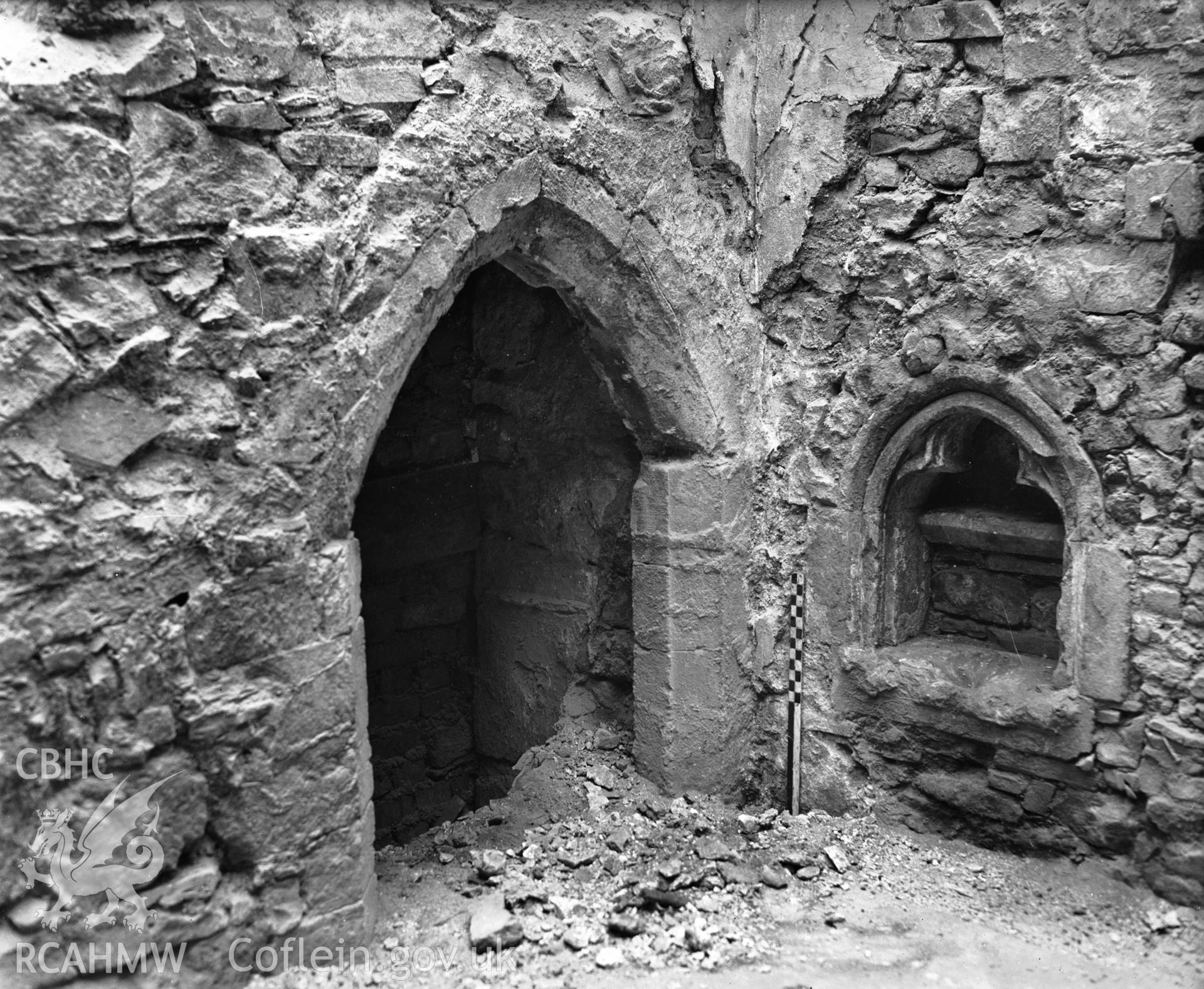 Site of St Mary's Church,  interior view showing doorway and window, taken during building work in 1957.