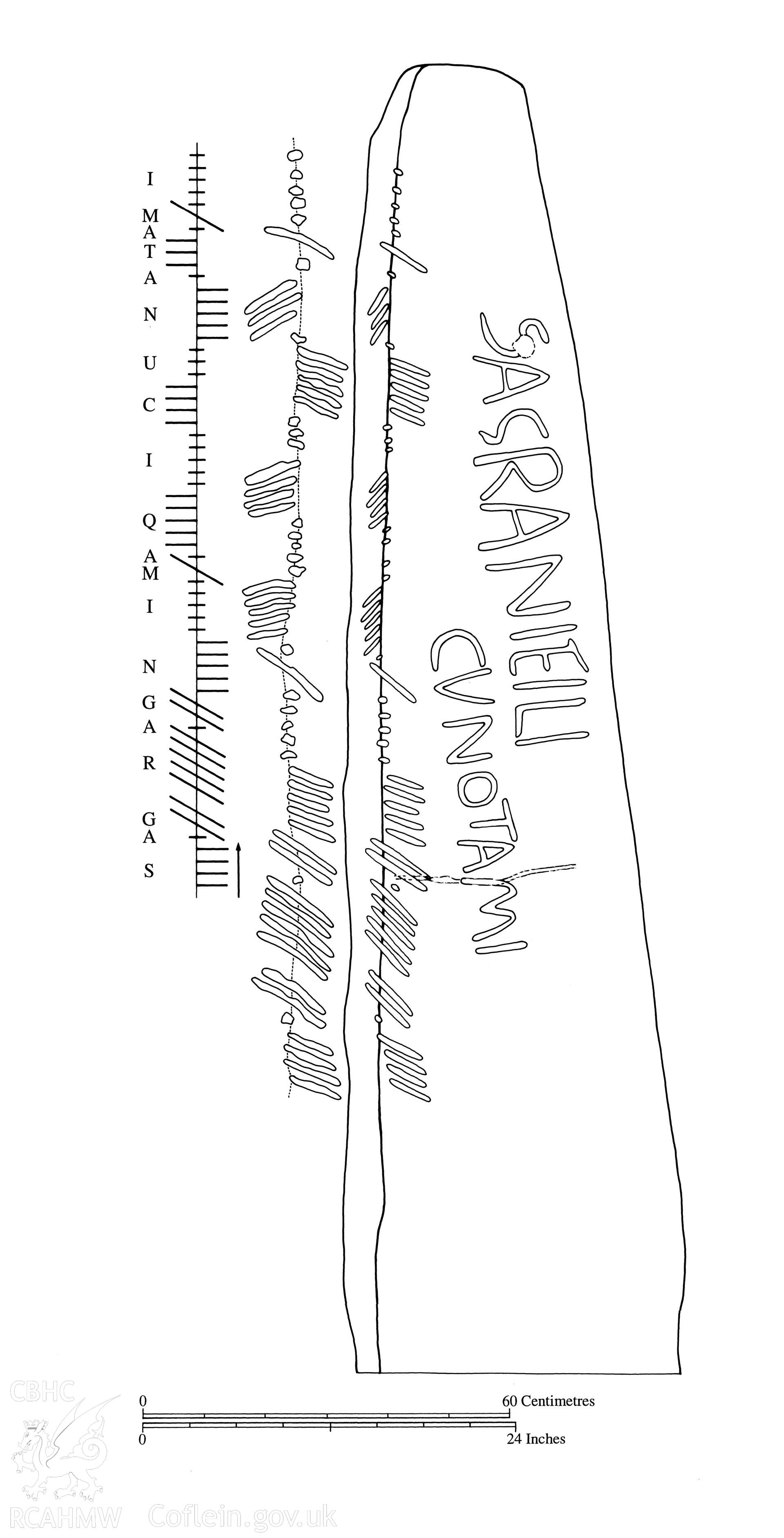 Line drawing showing inscriptions on Sagranus Stone, St. Dogmaels: Figure P110.3 (p.461).