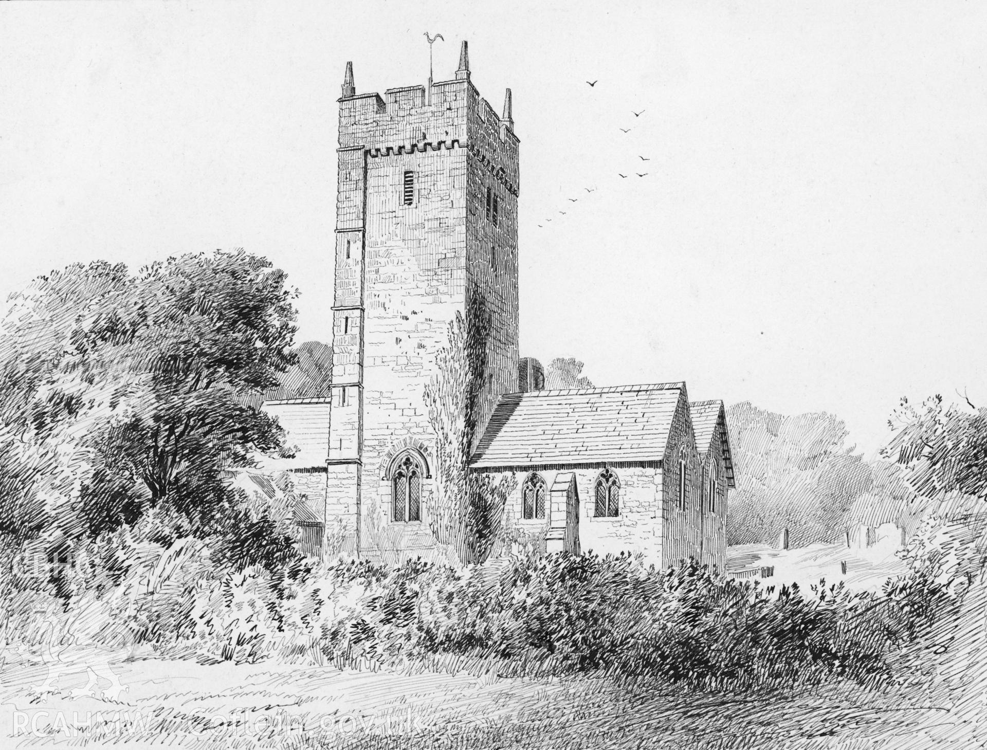 Digital copy of a pen and ink drawing showing Rhoscrowther Church produced by John Burt, 1885.
