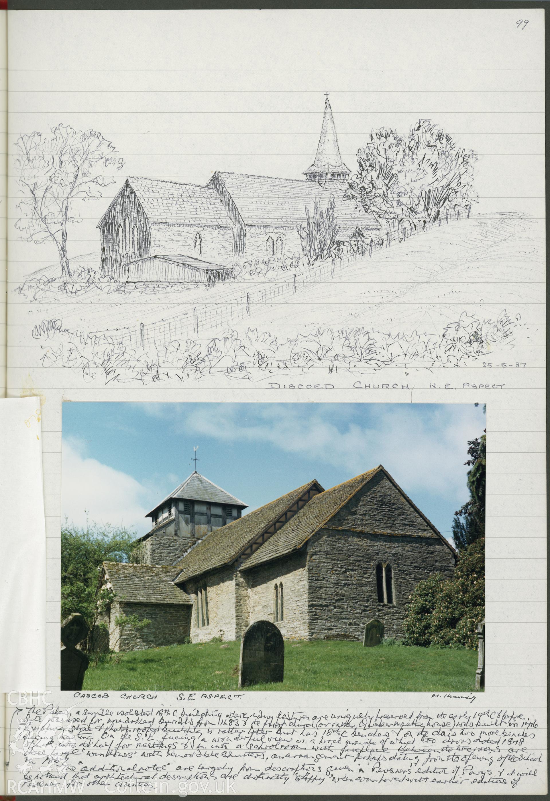 Page from a notebook featuring an photograph and illustration by R.E. Kay showing the north-east aspect of Discoed Church. As featured on p99 of R.E. Kay Notebook Series IV, Vol VIII.