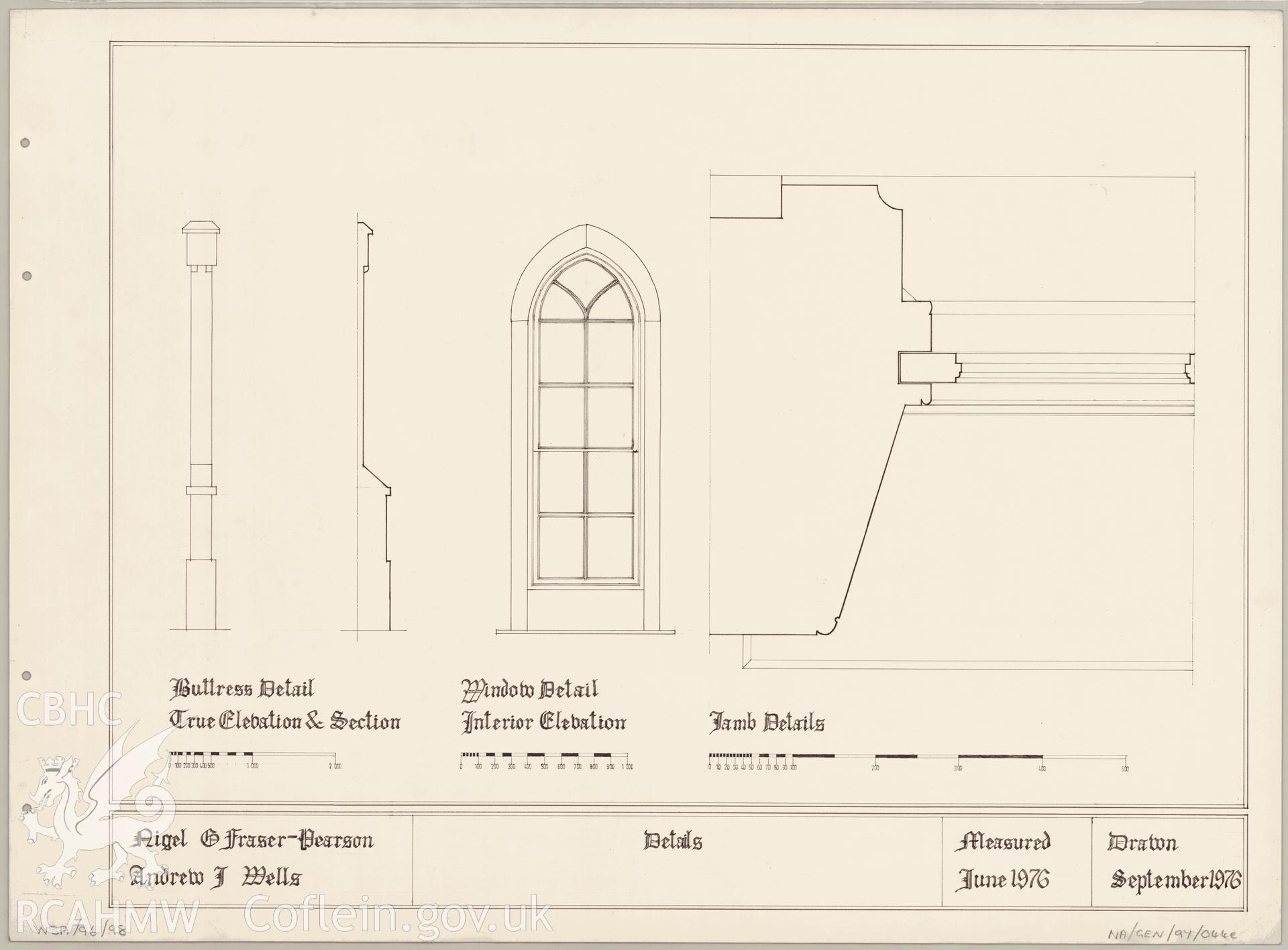 Measured drawing showing window detail at the summerhouse in the grounds of Rookwood Hospital, Llandaff, produced by Nigel G. Fraser-Pearson and Andrew J. Wells, September 1976.