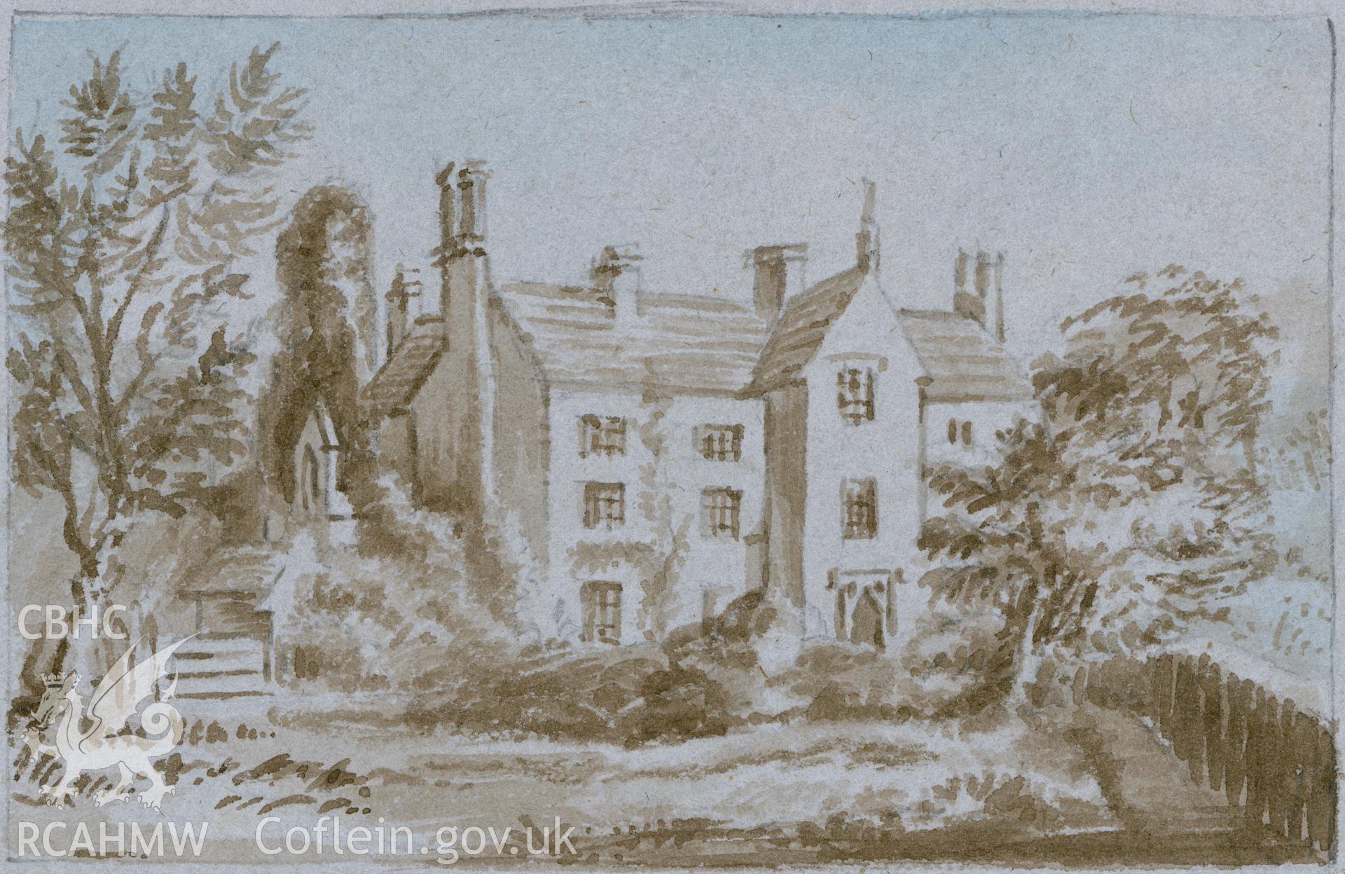 Digital copy of a watercolour showing Miskin Manor which was demolished in the late C19th, produced by Charlotte Louisa Traherne, c1840.