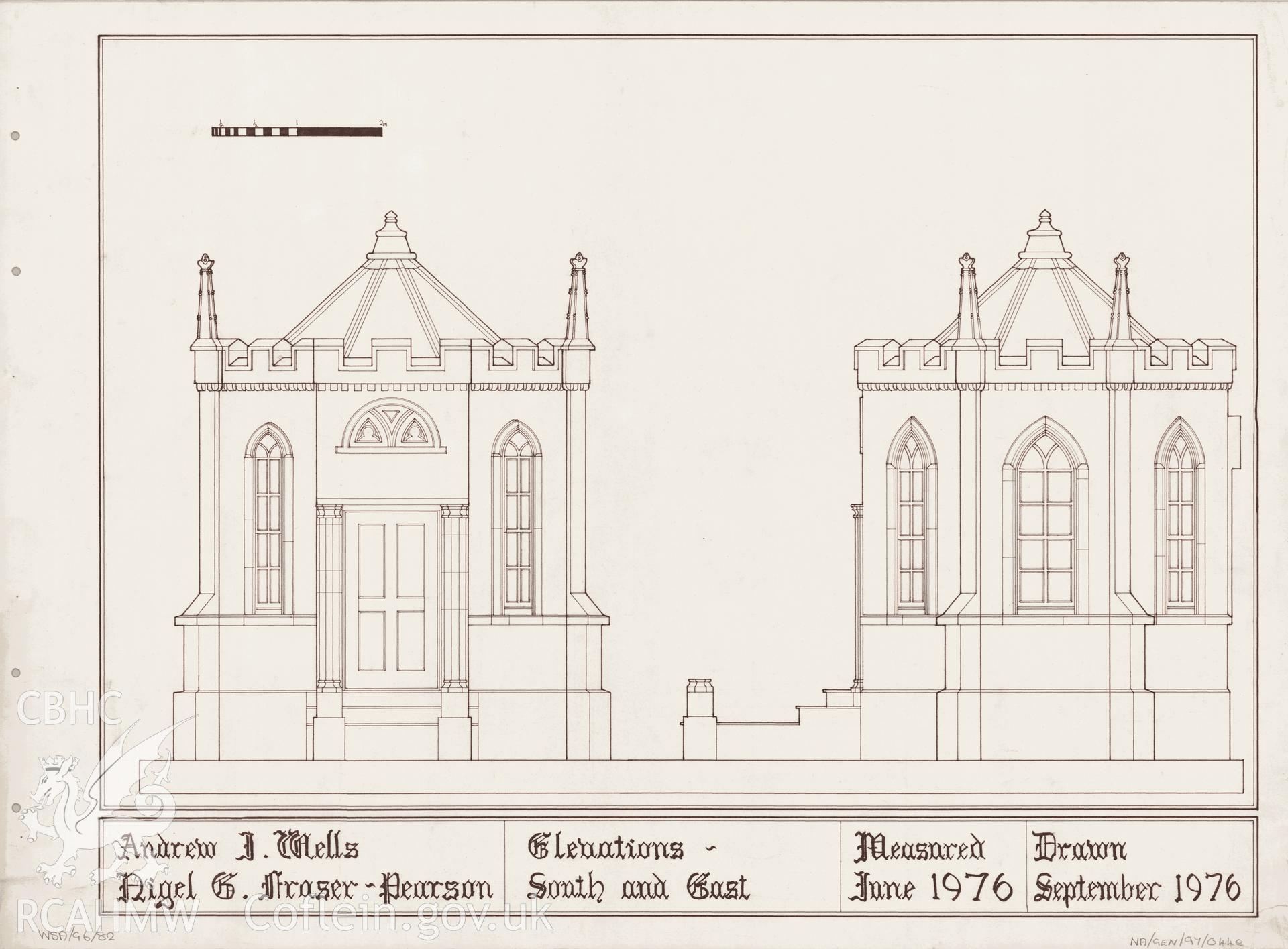 Measured drawing showing south and east elevation view of the summerhouse in the grounds of Rookwood Hospital, Llandaff, produced by Nigel G. Fraser-Pearson and Andrew J. Wells, September 1976.