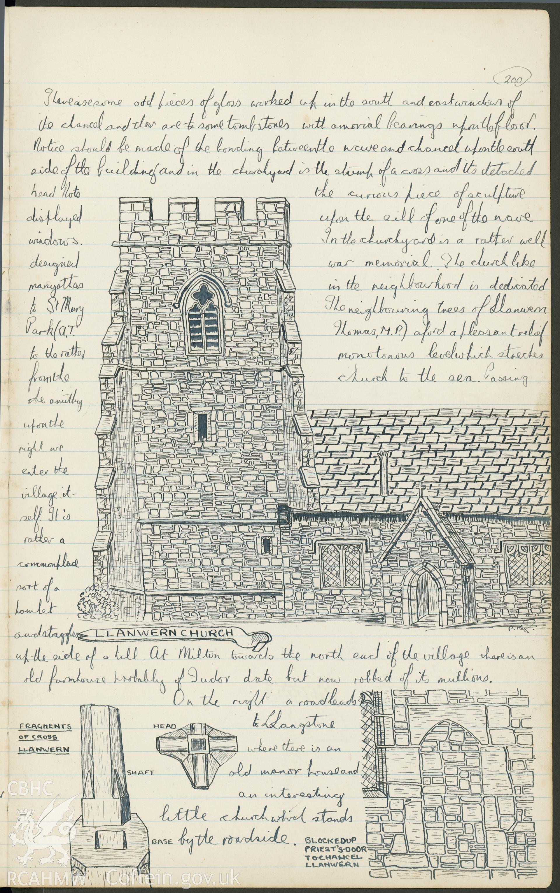 Page from a notebook featuring an illustration by R.E. Kay showing Llanwern Church. As featured on p200 of R.E. Kay Notebook Series I, Vol II.