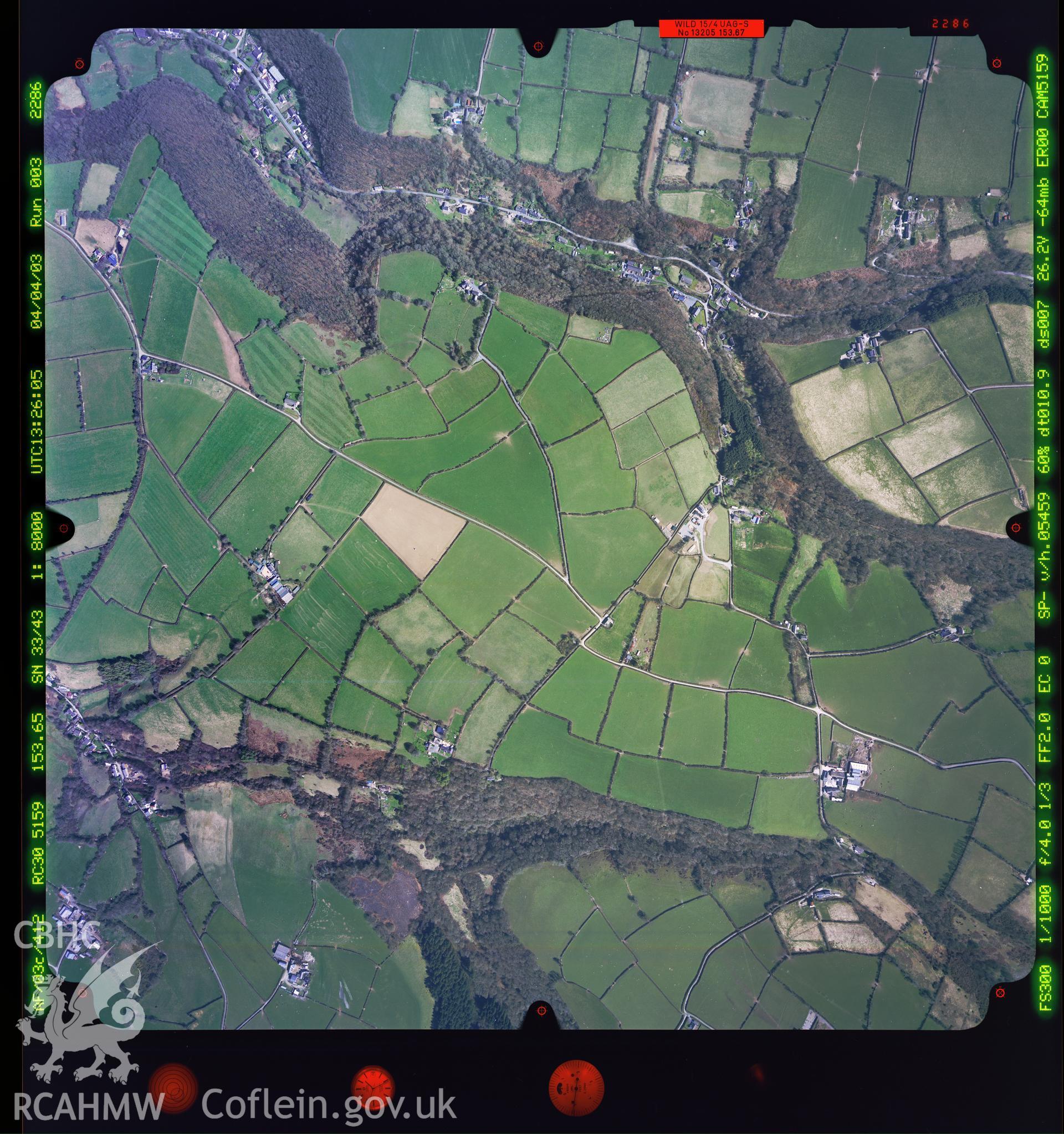 Digitized copy of a colour aerial photograph showing an area around Cwmpencraig, Carmarthen, taken by Ordnance Survey, 2003.