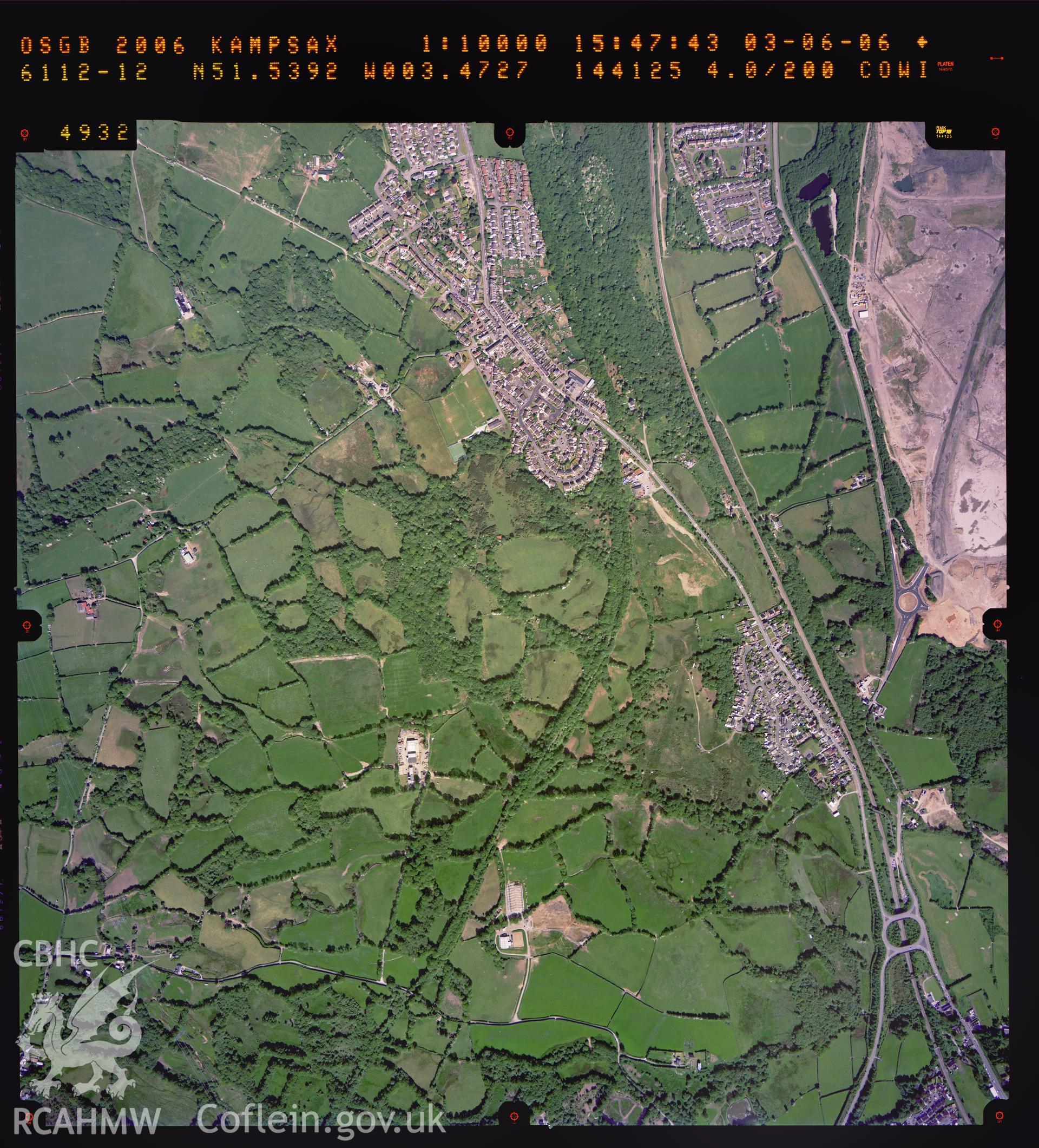 Digitized copy of a colour aerial photograph showing the area around Brynna, taken by Ordnance Survey, 2006.