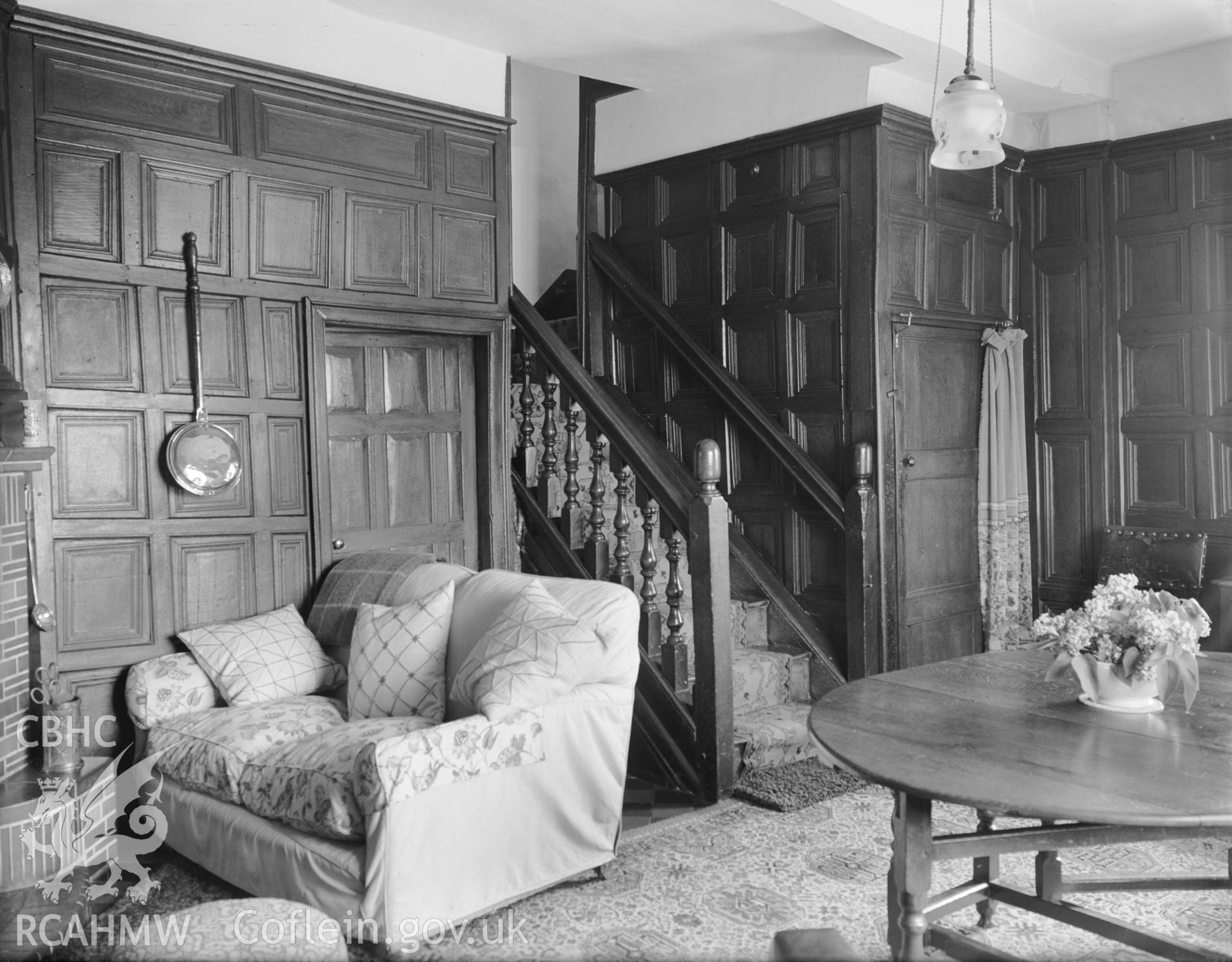 Interior: SW panelled room and staircase
