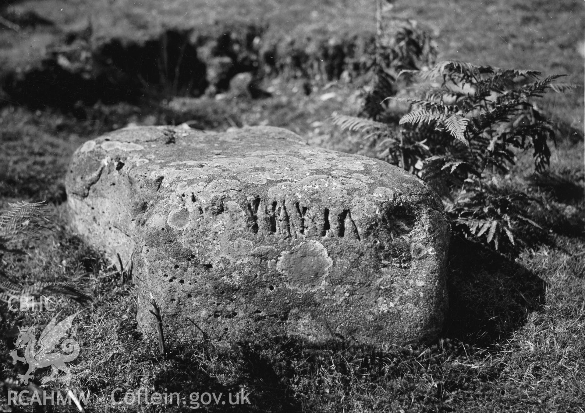 View of engraved stone at Blaen y Cwm, Llandrillo.