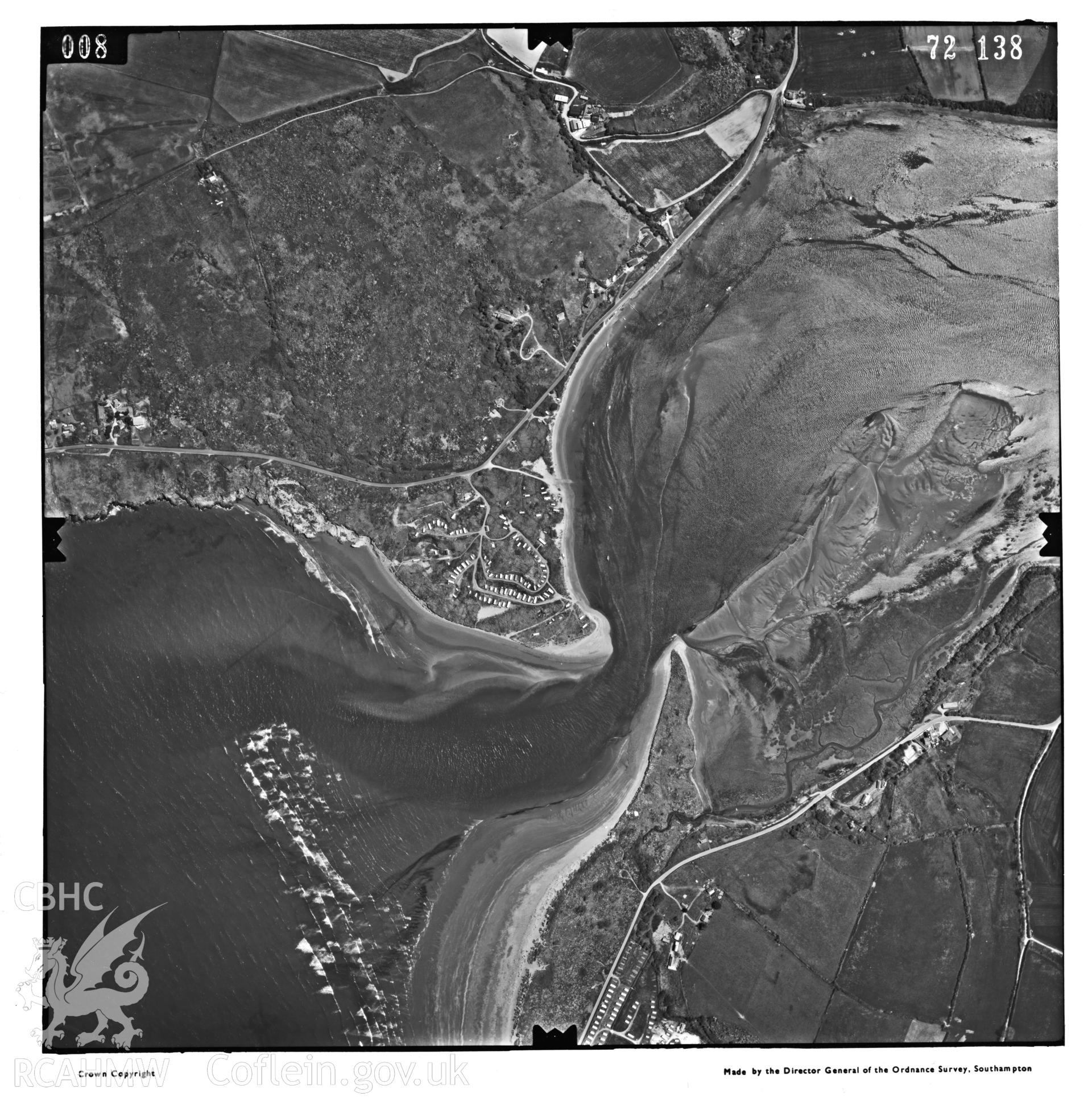 Digitized copy of an aerial photograph showing the mouth of the Teifi, taken by Ordnance Survey, 1972.
