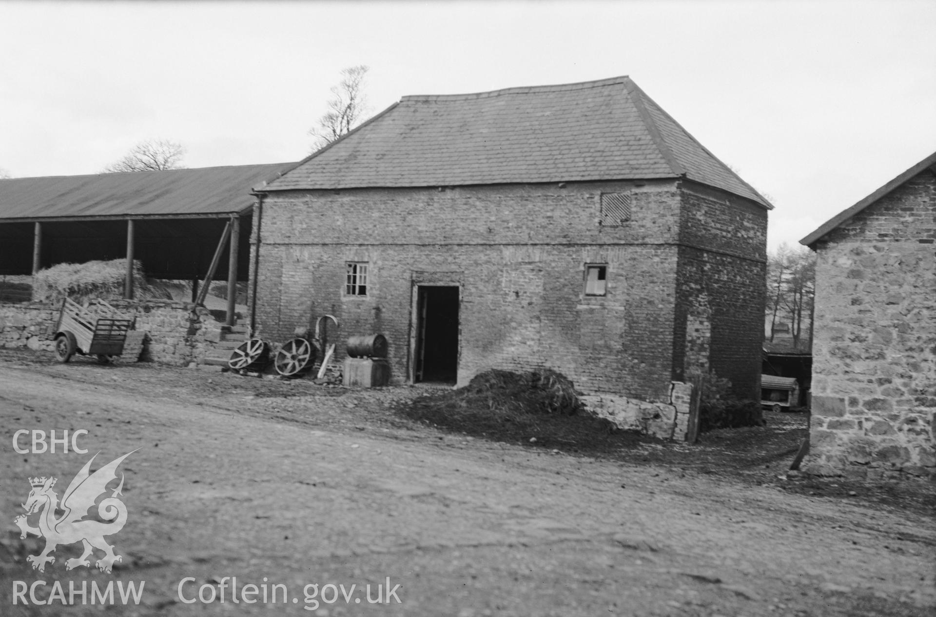 Exterior view of outbuildings on the north side of Fferm, Hope taken 11.04.1942.
