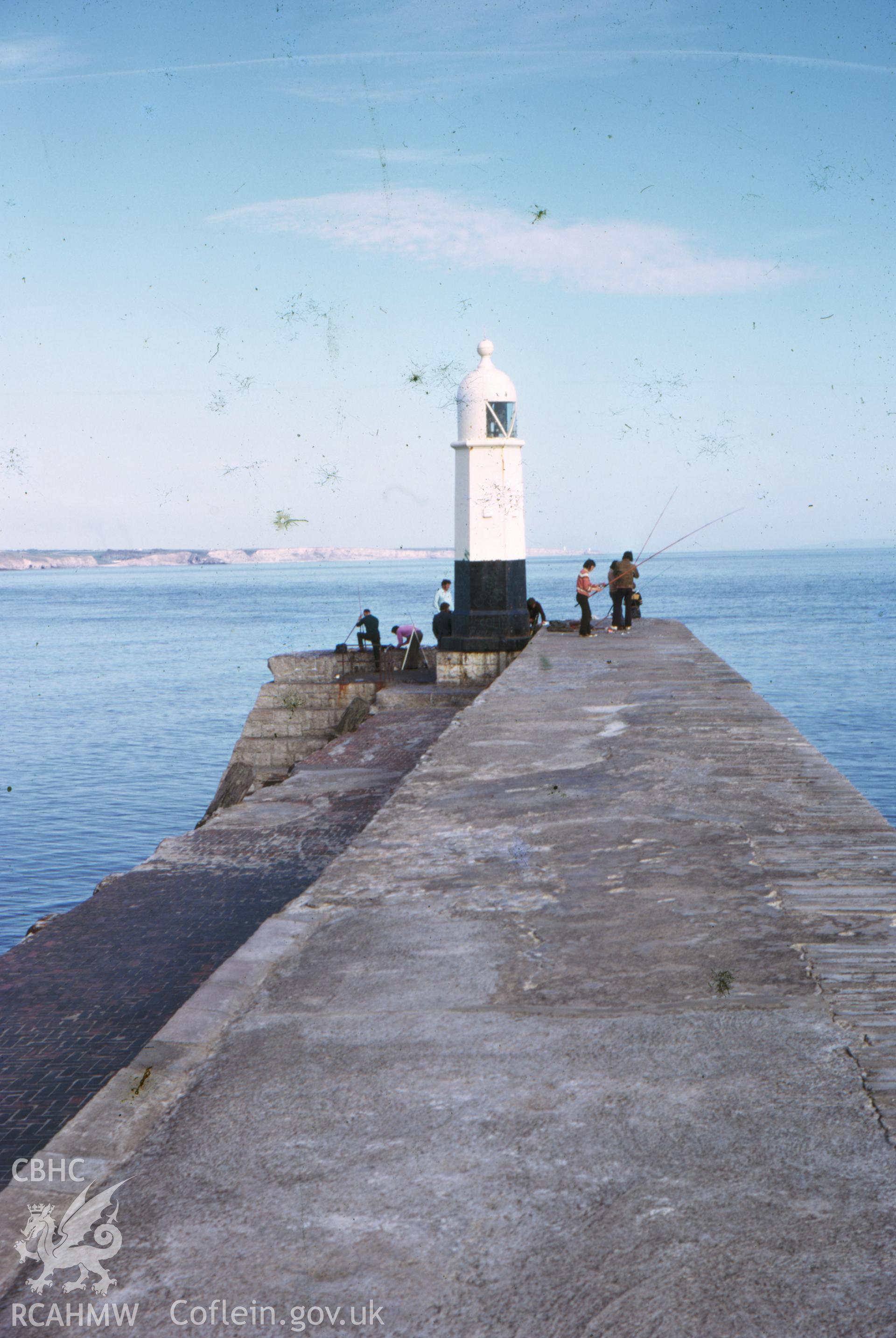 Colour slide showing general view of Porthcawl Harbour Lighthouse.