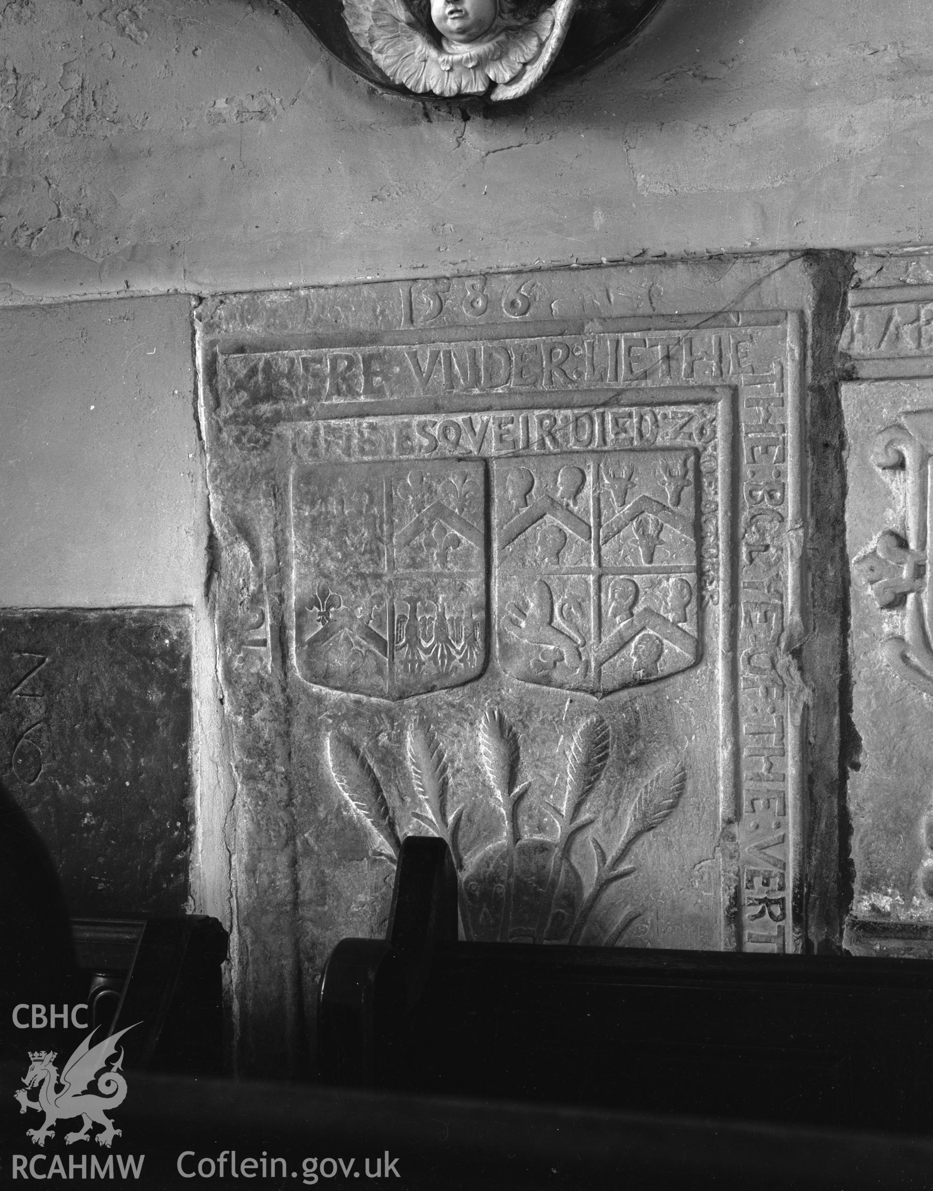 Interior view of St Marys Church Conwy showing inscribed stone, taken in 10.09.1951.
