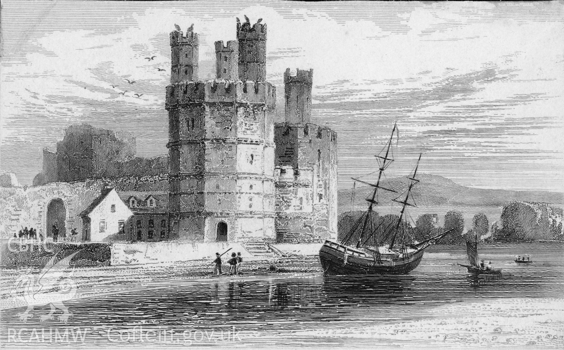 Caernarfon Castle; undated engraving showing the Eagle Tower and the entrance to Afon Seiont.