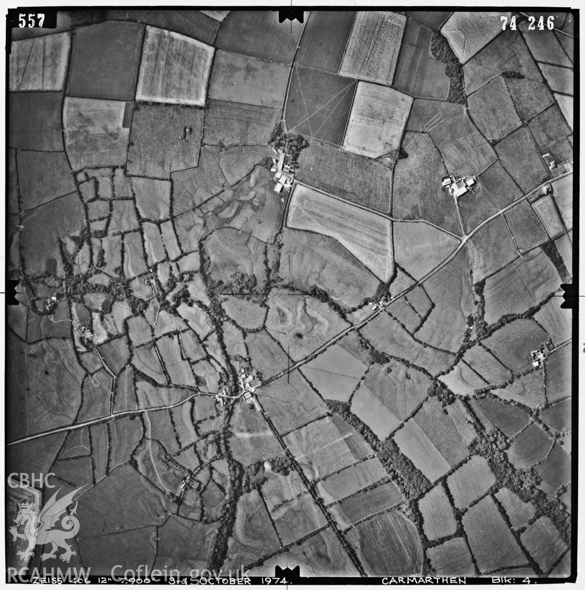 Digitized copy of an aerial photograph showing the area around Beulah, taken by Ordnance Survey, 1974.