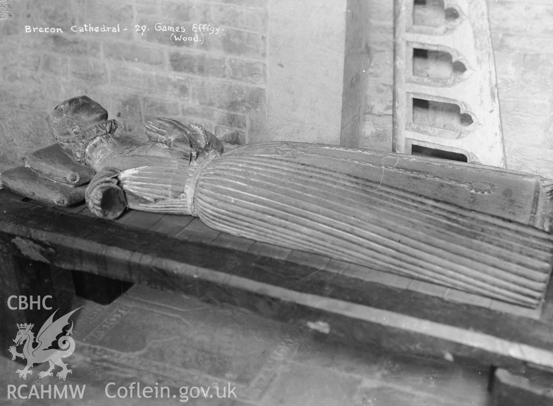 View of wooden effigy of member of 'Games Family' at Brecon Cathedral taken by W A Call.