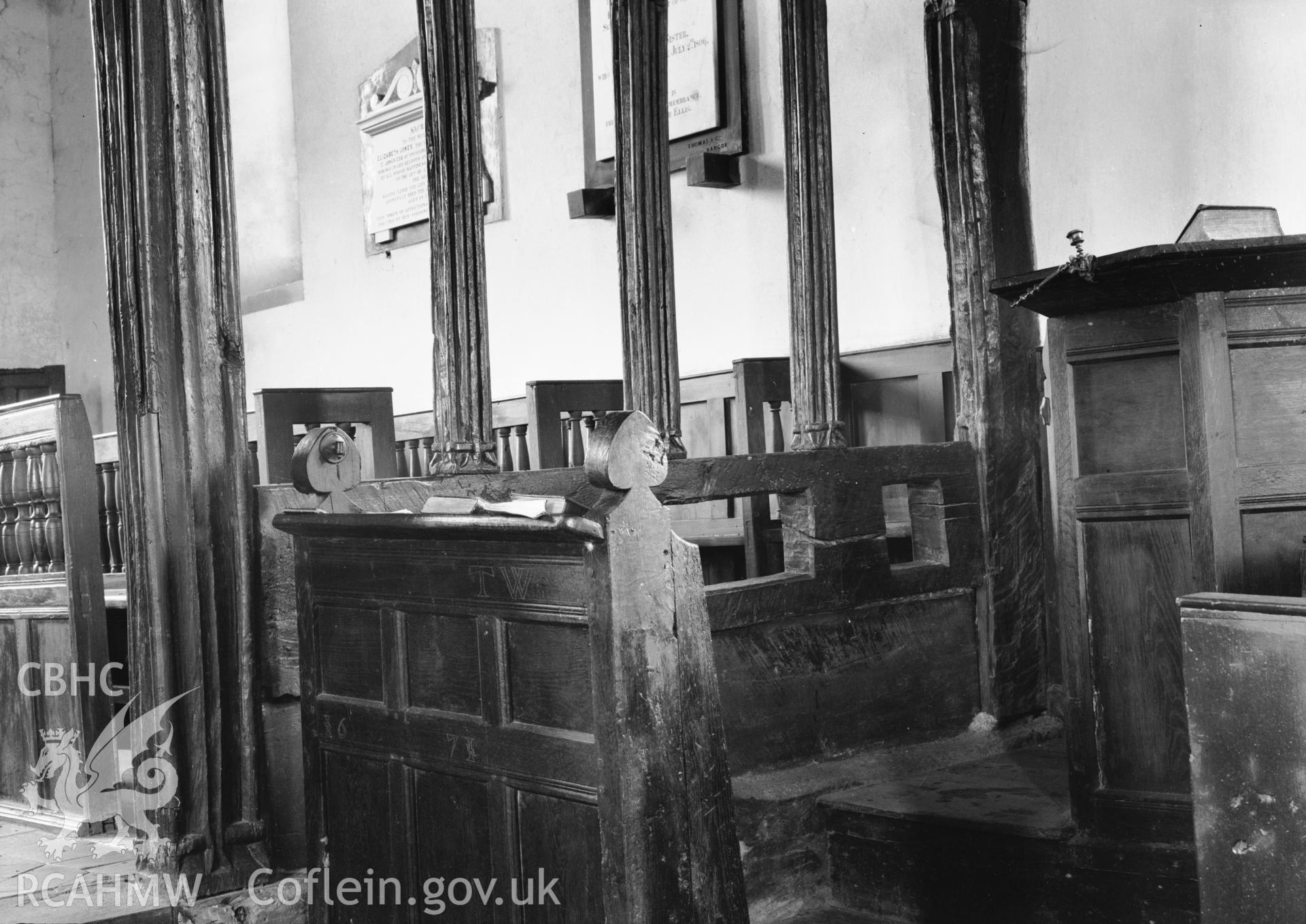 Interior view showing choir stalls at St Brothen's Church, Llanfrothen taken 07.06.1941.